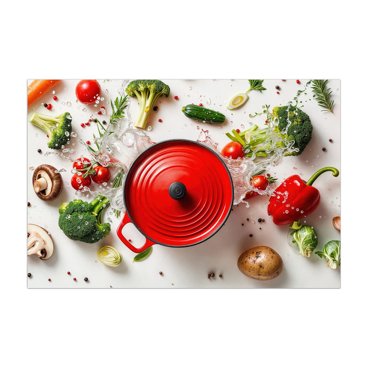 Küchenrückwand aus Glas Roter Topf mit Gemüse im Hochformat, Motiv bildfüllend von vorn