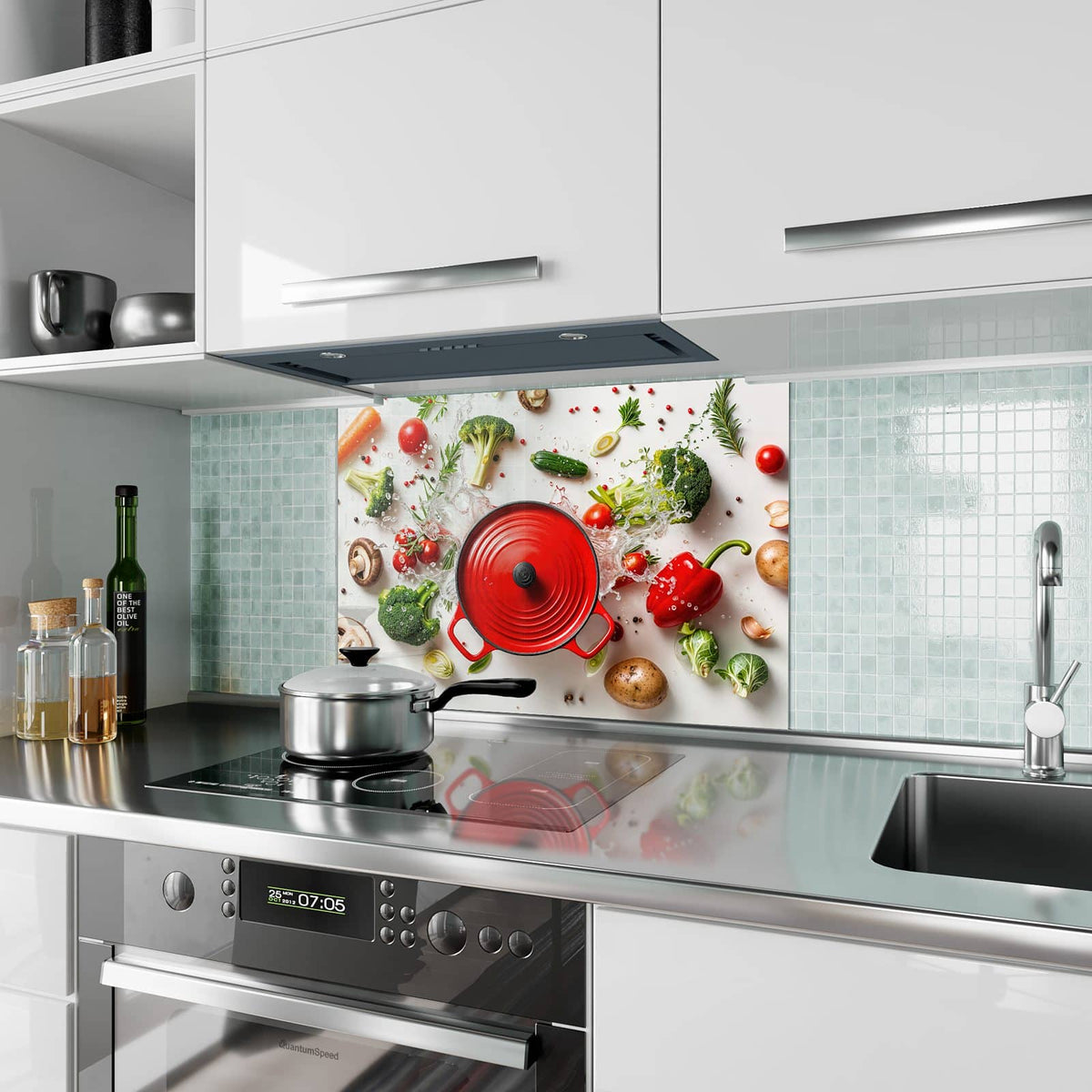 Küchenrückwand aus Glas Roter Topf mit Gemüse im Hochformat als Spritzschutz hinter dem Kochfeld, über dem Fliesenspiegel montiert
