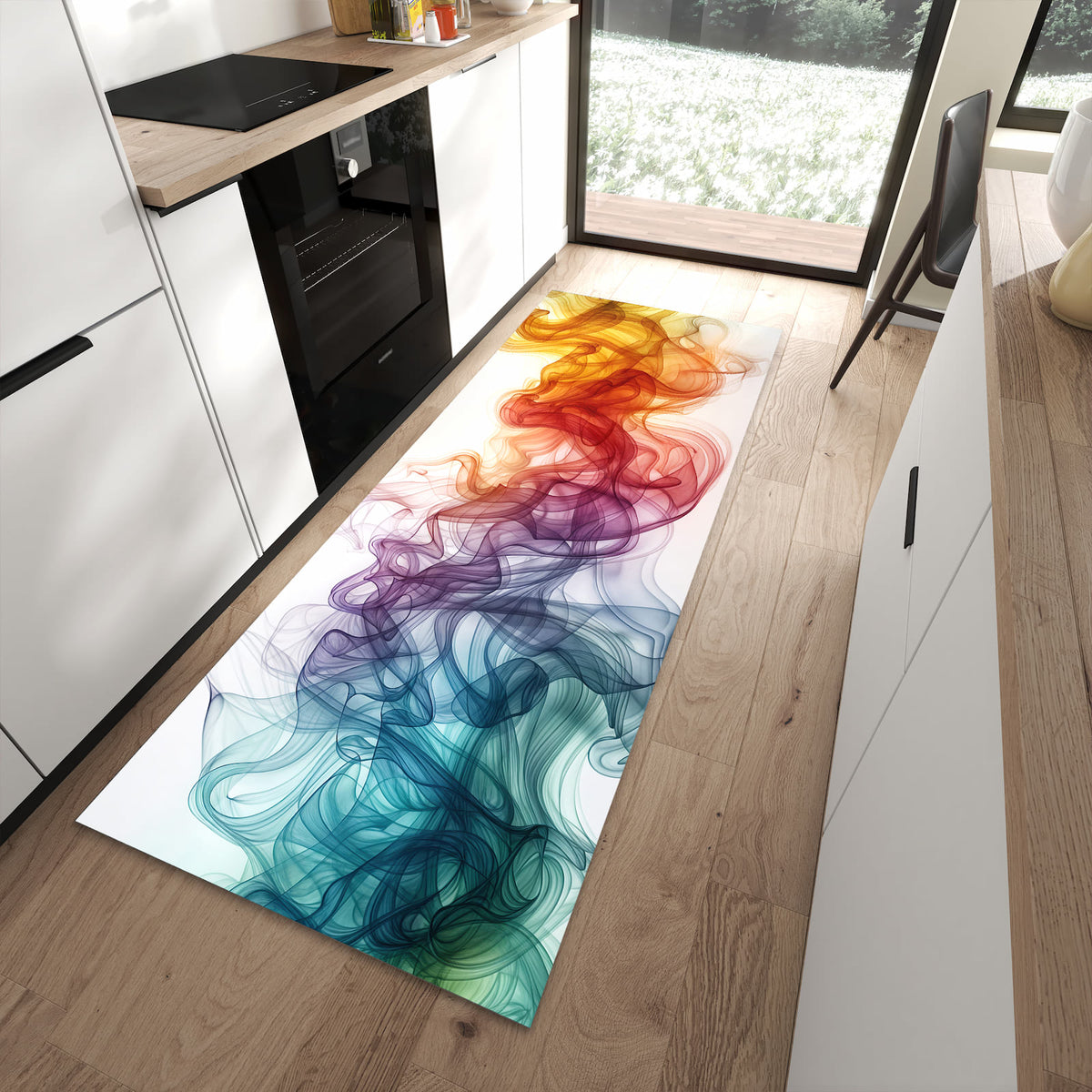 Bodenschonender rutschfester Küchenläufer mit Motiv Bunte Wirbel in moderner Küche