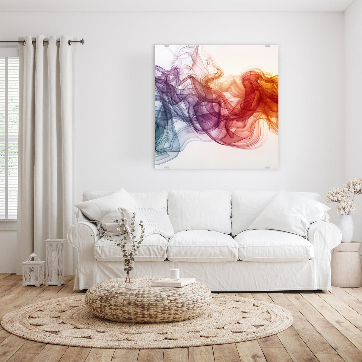 Glasbild Bunte Wirbel an der Wand – Bunte Rauchschwaden in Blau, Violett, Rot und Orange auf Weiß