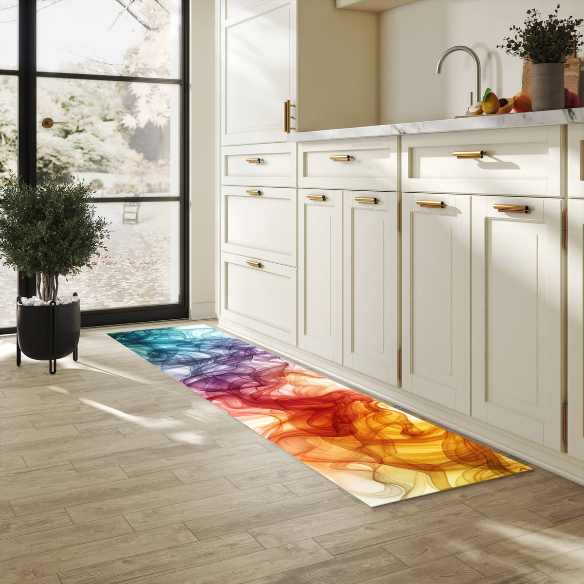 Geräuschdämpfender Küchenläufer mit Motiv Bunte Wirbel in heller Küche