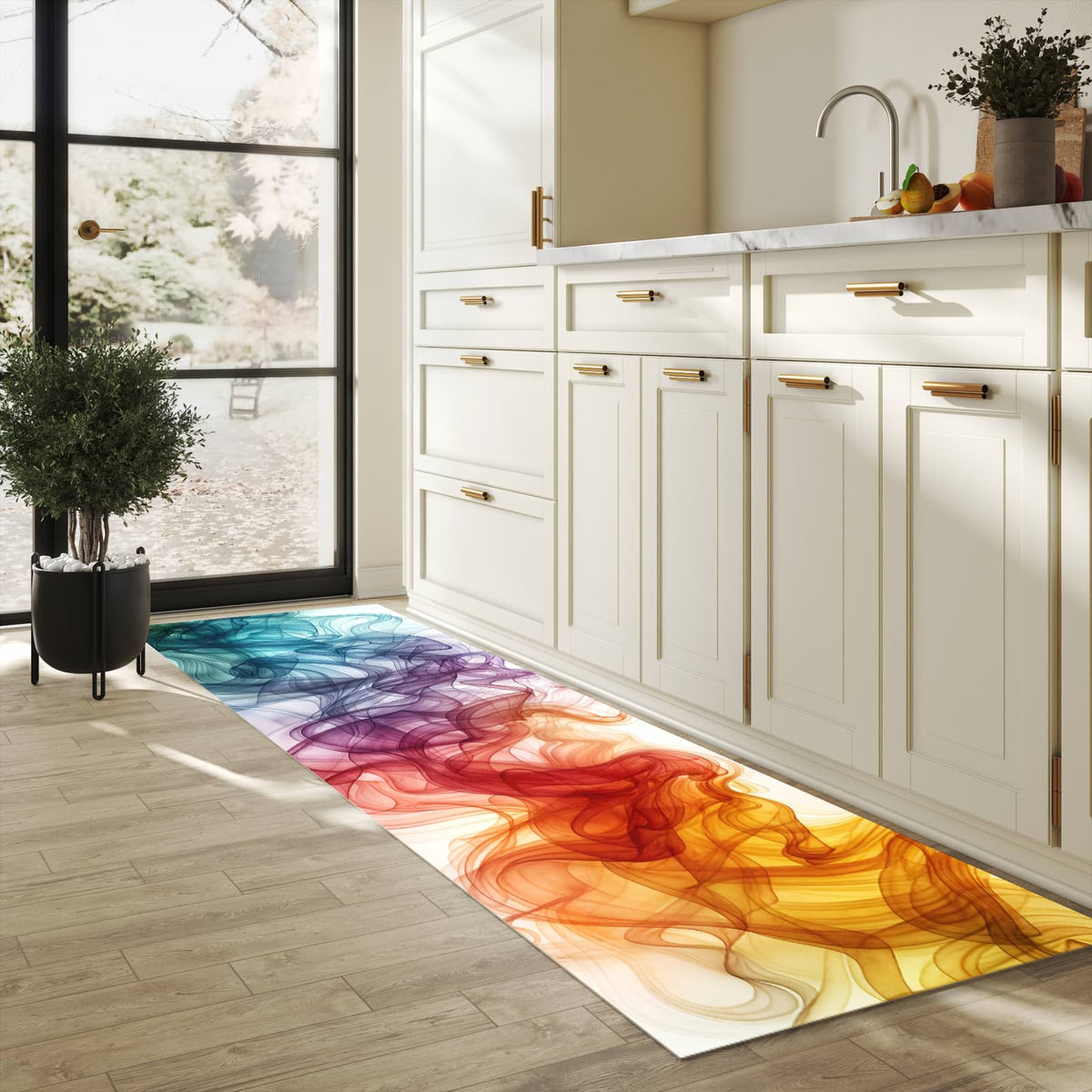 Schmutzabweisender Teppichläufer mit Motiv Bunte Wirbel in heller Küche