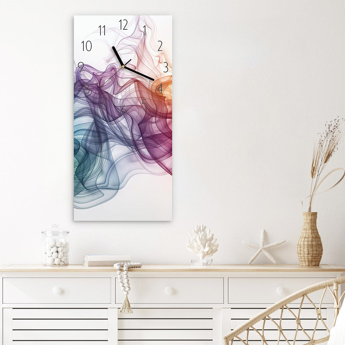 Wanduhr Bunte Wirbel aus Glas – Hochformat 30 × 60 cm – Bunte Farbwirbel auf Weiß
