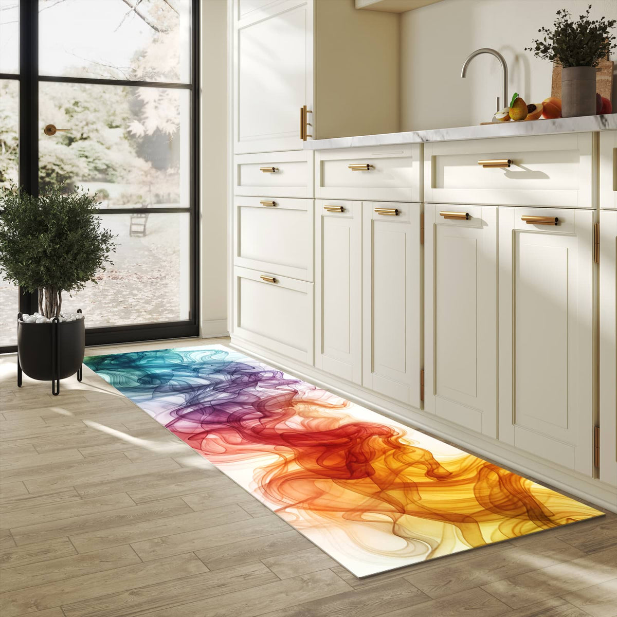 Fleckenresistenter Küchenläufer mit Motiv Bunte Wirbel in heller Küche