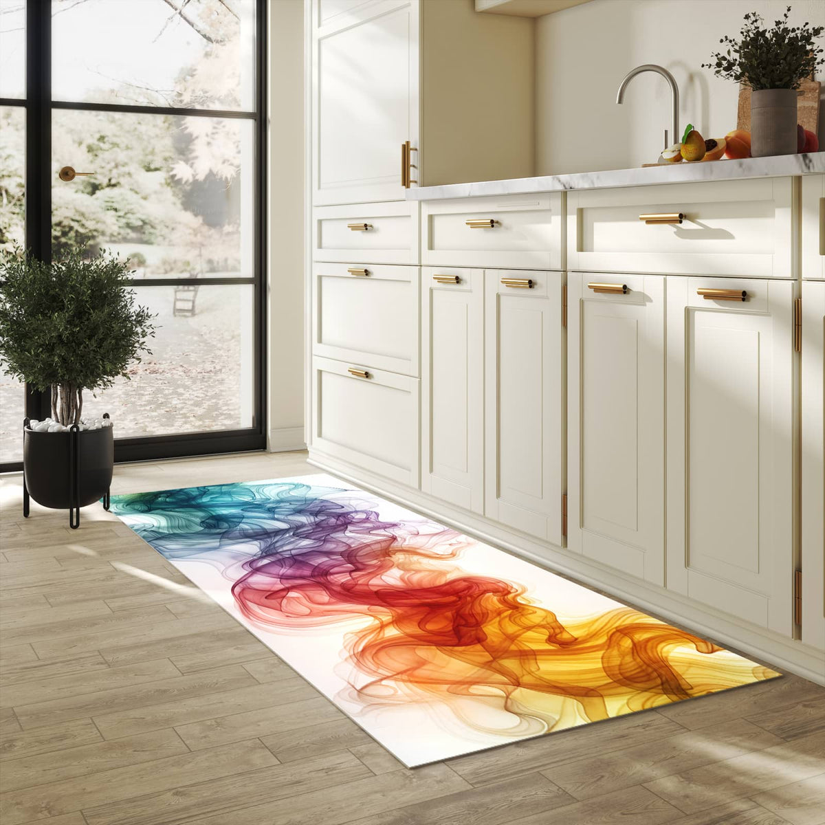 Langlebiger waschbarer Küchenläufer mit Motiv Bunte Wirbel in heller Küche