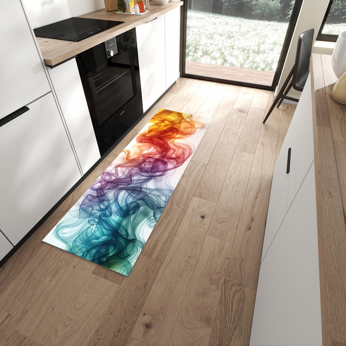 Leicht zu reinigender Küchenteppich mit Motiv Bunte Wirbel in moderner Küche