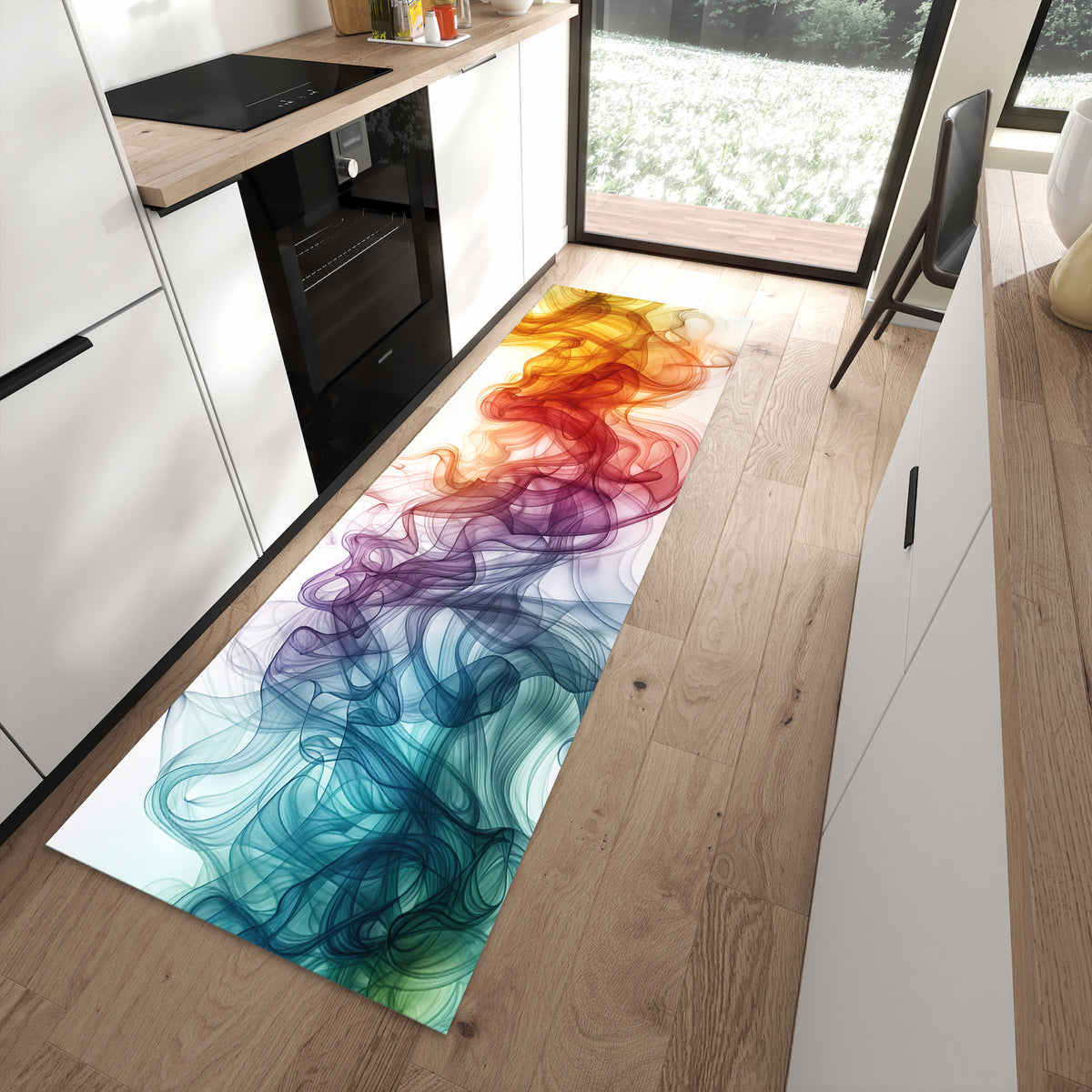 Rutschfester Küchenläufer mit Motiv Bunte Wirbel in moderner Küche