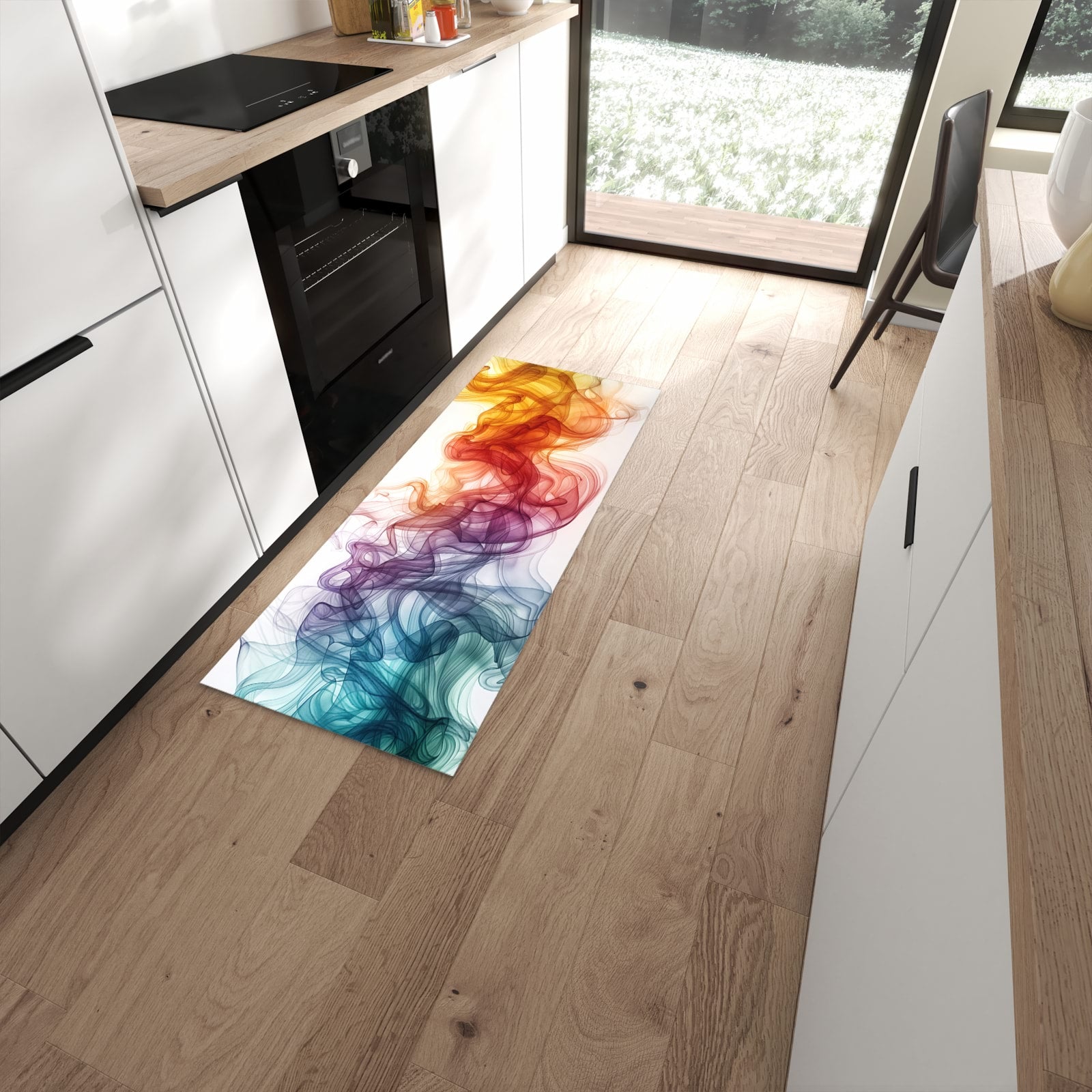 Rutschfester Küchenteppich mit Motiv Bunte Wirbel in moderner Küche #grösse_60 x 150 cm