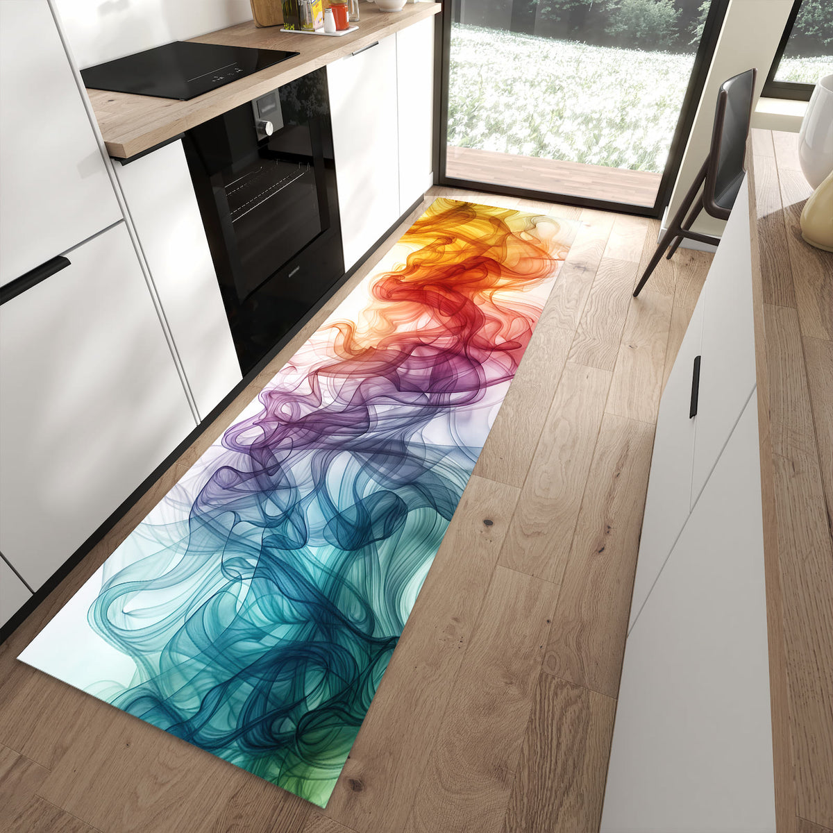 Feuchtigkeitsresistenter Küchenläufer mit Motiv Bunte Wirbel in moderner Küche