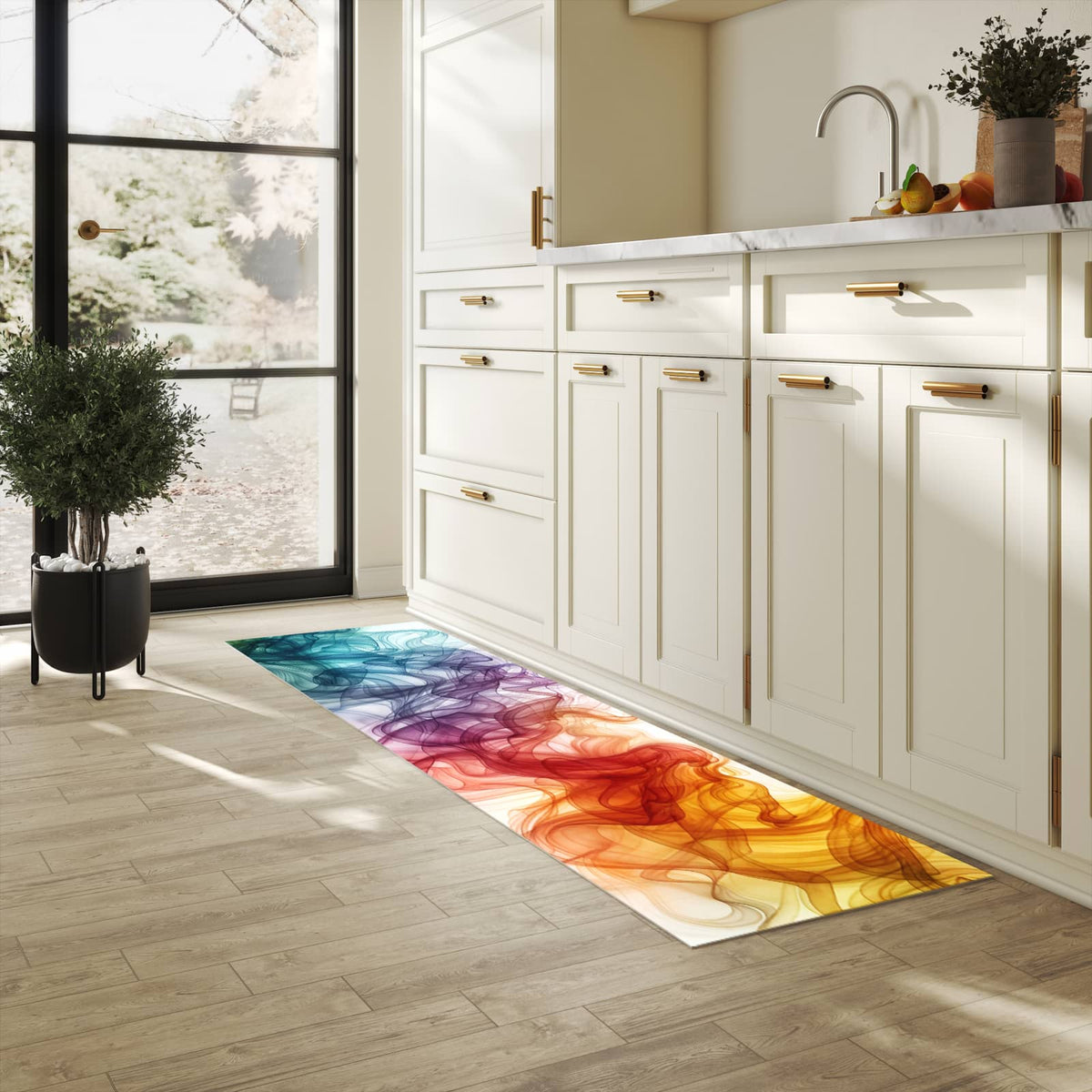 Zeitsparender Läufer Küche mit Motiv Bunte Wirbel in heller Küche