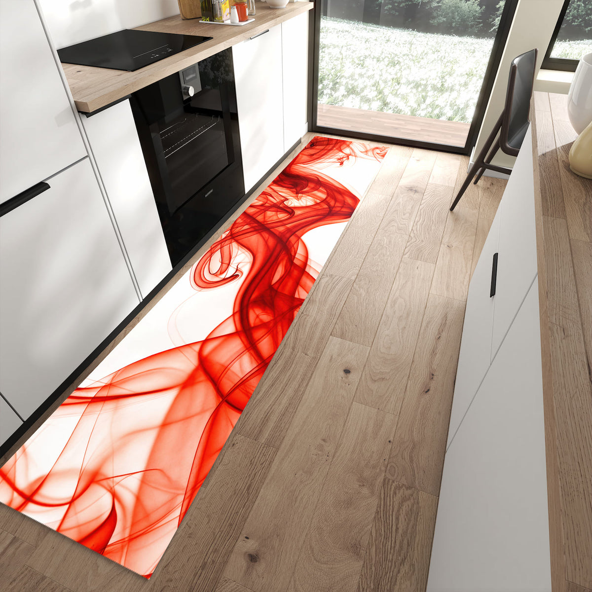 Küchenteppich mit Motiv Abstrakter Rauch für Trittkomfort in moderner Küche, waschbar