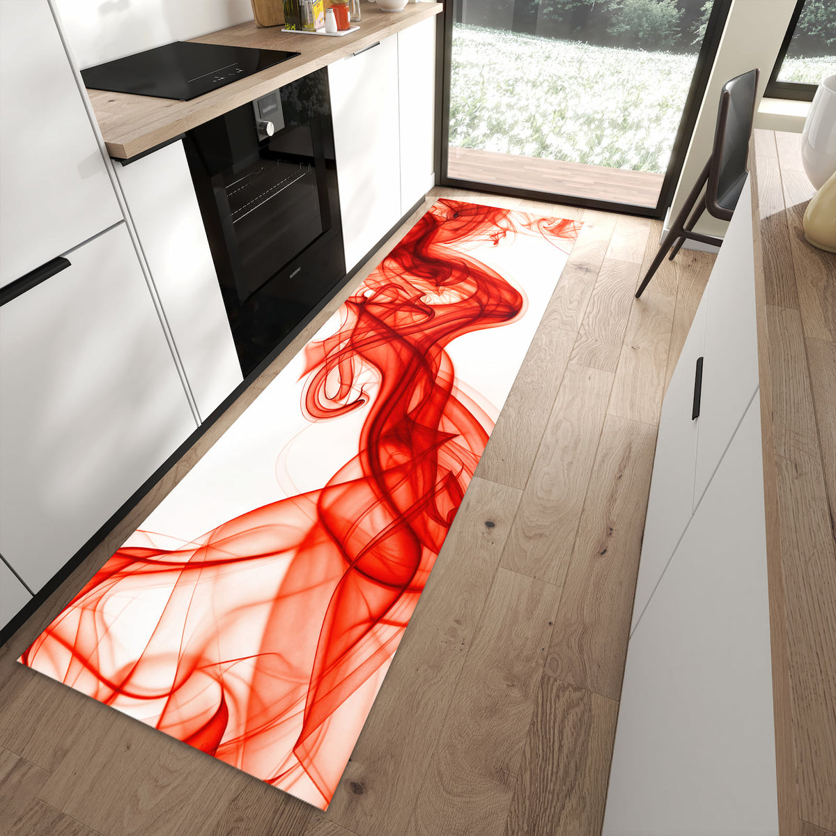 Geruchsneutraler Bodenläufer Teppich mit Motiv Abstrakter Rauch in moderner Küche