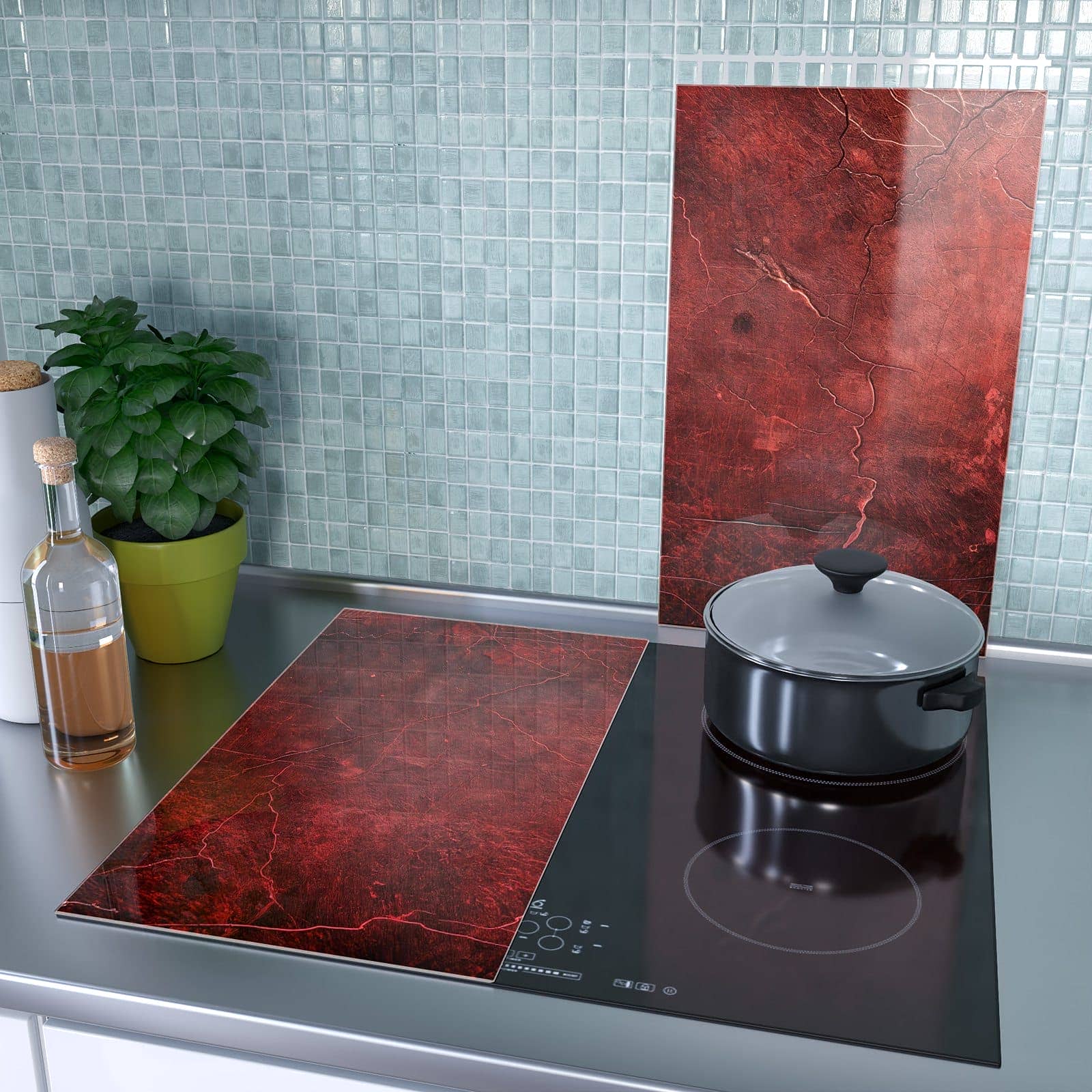 2-teilige Abdeckung für Herdplatten mit Rote Struktur-Motiv als Spritzschutz hinter dem Kochfeld