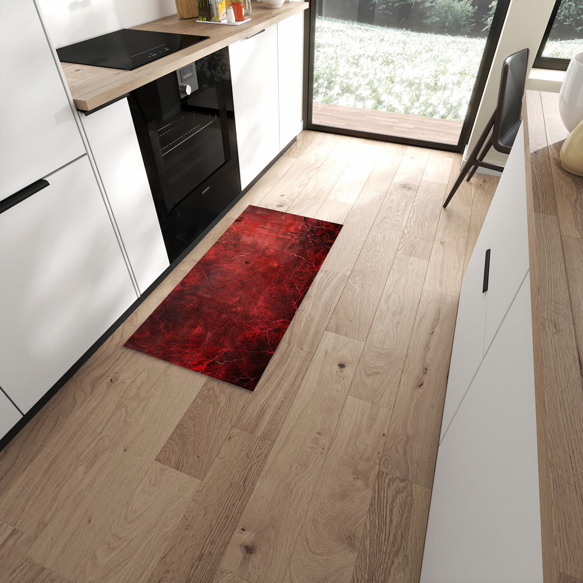 Wasserabweisender Küchenläufer mit Motiv Rote Struktur in moderner Küche #grösse_60 x 120 cm