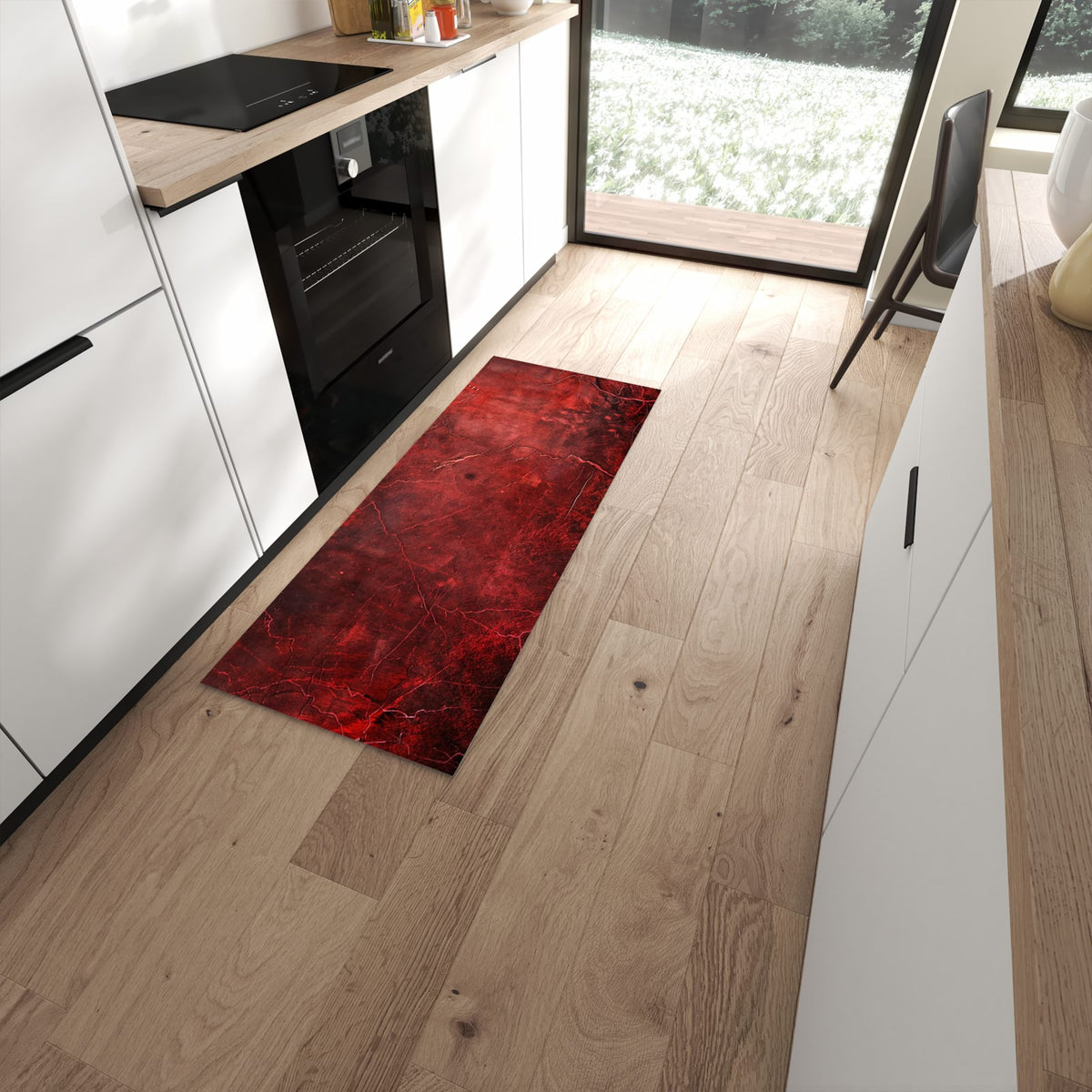 Fleckenresistenter abwaschbarer Küchenteppich mit Motiv Rote Struktur in moderner Küche #grösse_60 x 150 cm