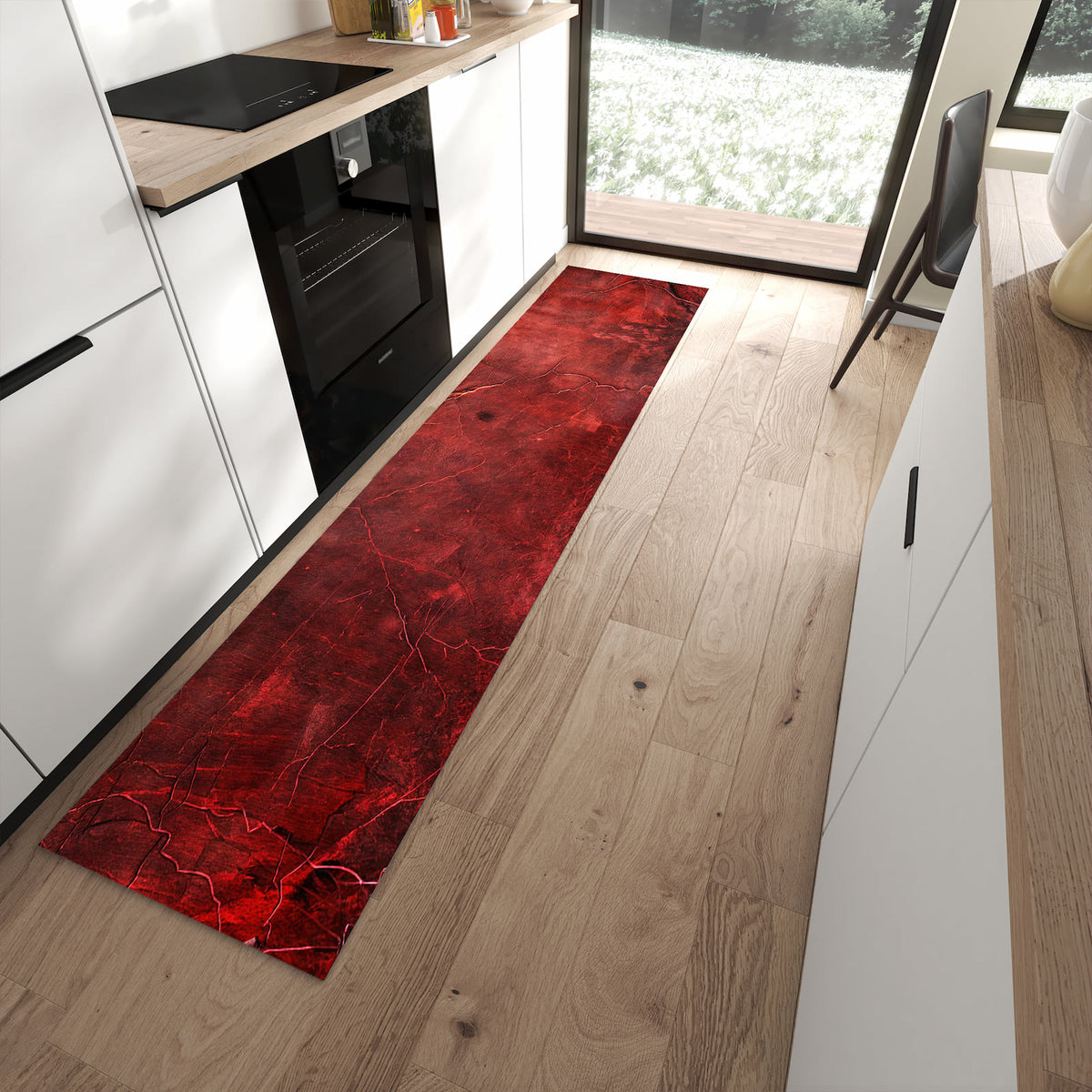 Langlebiger Küchenteppich mit Motiv Rote Struktur in moderner Küche