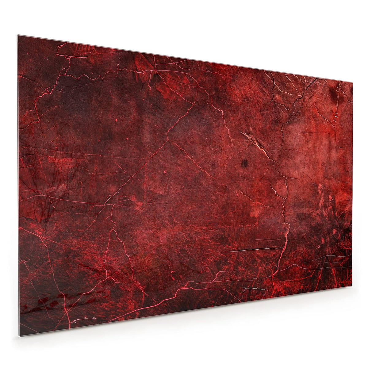 Küchenrückwand aus Glas im Hochformat mit Motiv Rissiges Rot: Tiefrote, raue Fläche mit feinem Netz heller Risslinien
