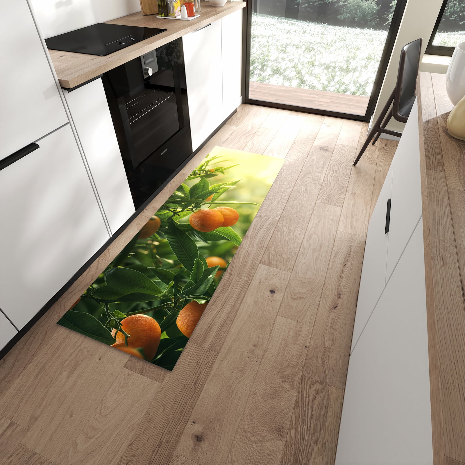 Hygienischer Läufer für die Küche mit Motiv Orangenbaum Closeup in moderner Küche