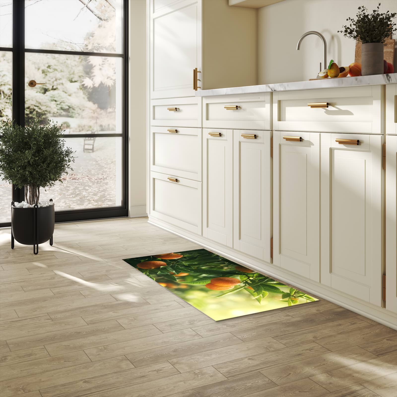 Küchenteppich mit Motiv Orangenbaum Closeup in heller Küche für sicheres Aufbewahren
