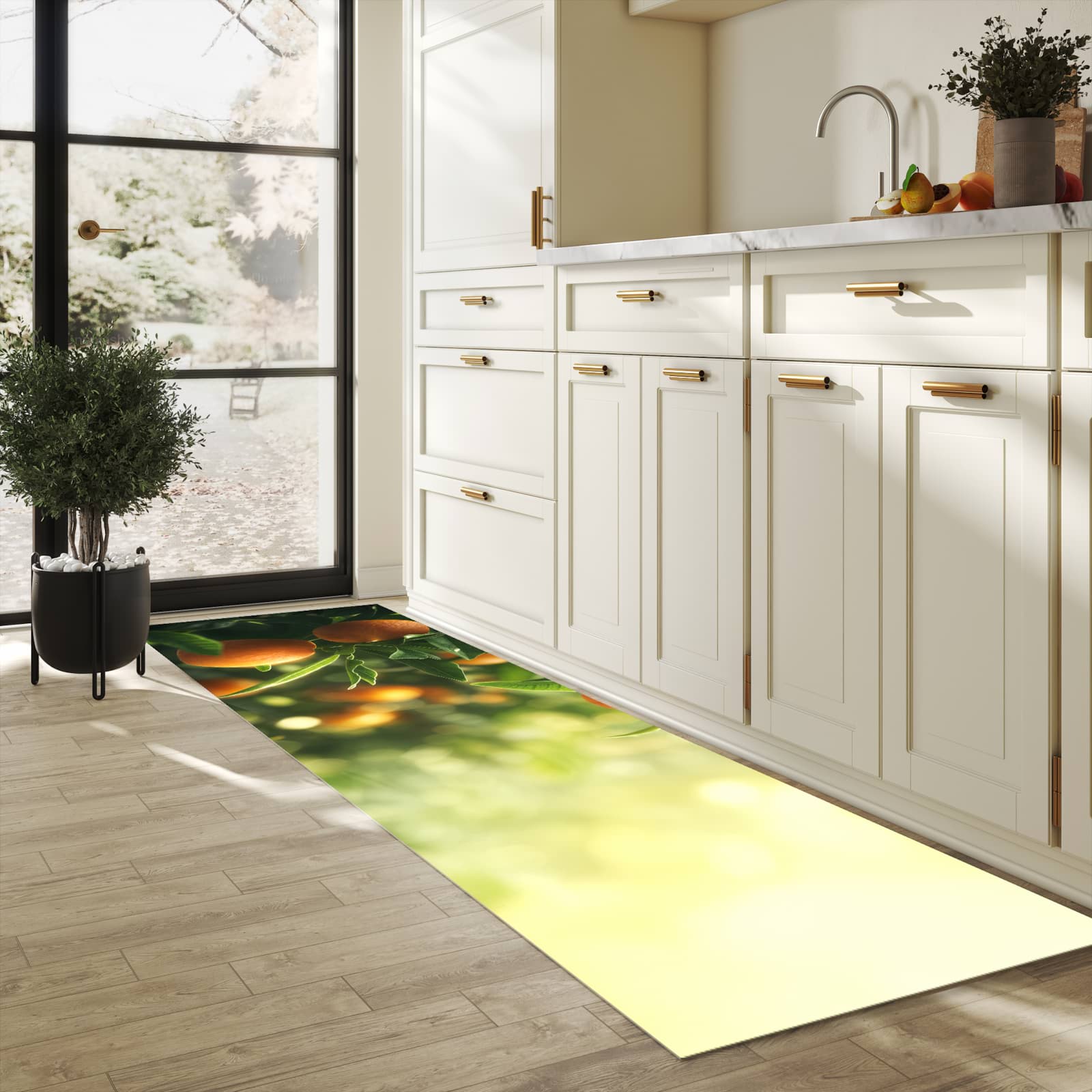 Langlebiger rutschfester Küchenläufer mit Motiv Orangenbaum Closeup in heller Küche