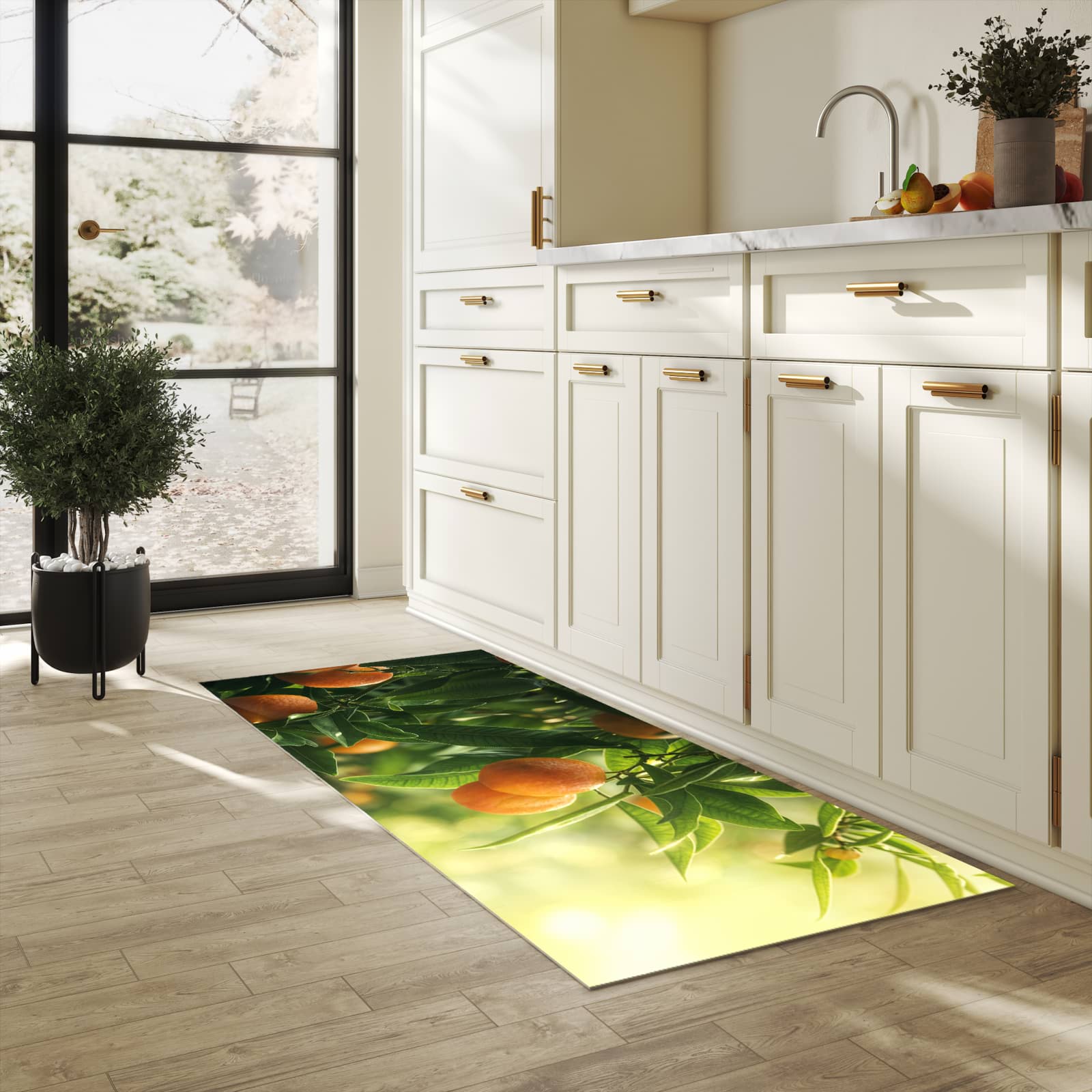 Fleckenresistenter Küchenläufer mit Motiv Orangenbaum Closeup in heller Küche
