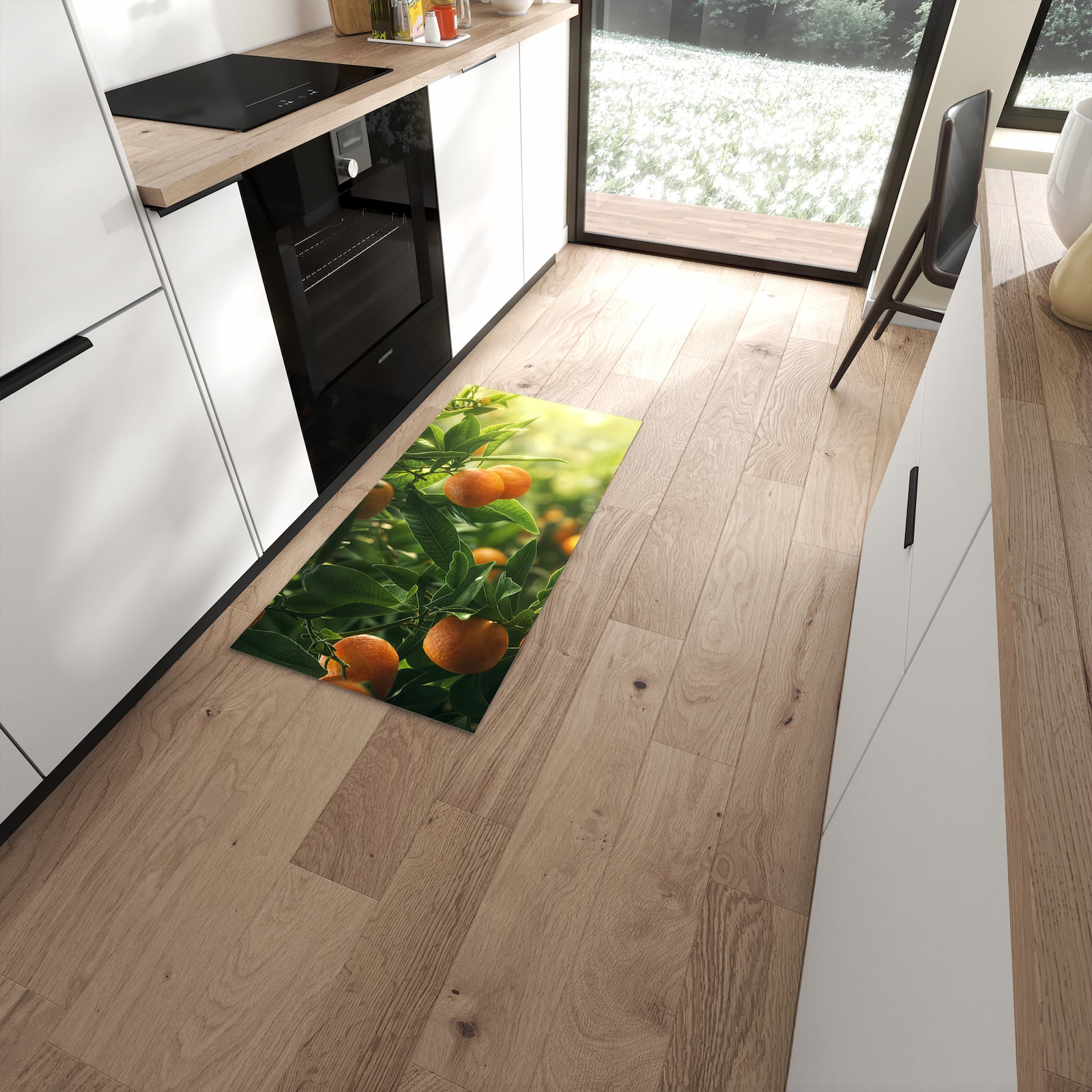 Pflegeleichter Küchenteppich mit Motiv Orangenbaum Closeup in moderner Küche #grösse_60 x 120 cm