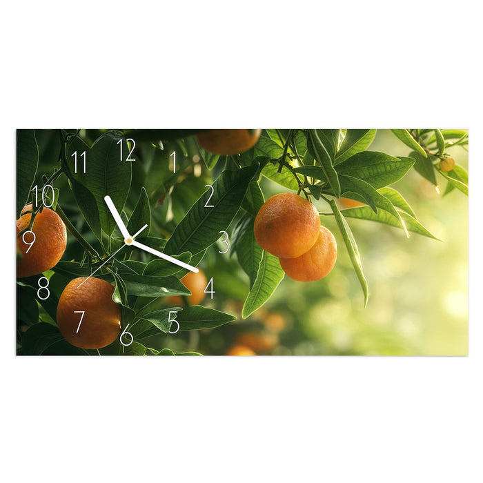 Wanduhr Orangenbaum Closeup aus Glas – Querformat 60 × 30 cm mit Ziffernblatt Elegant