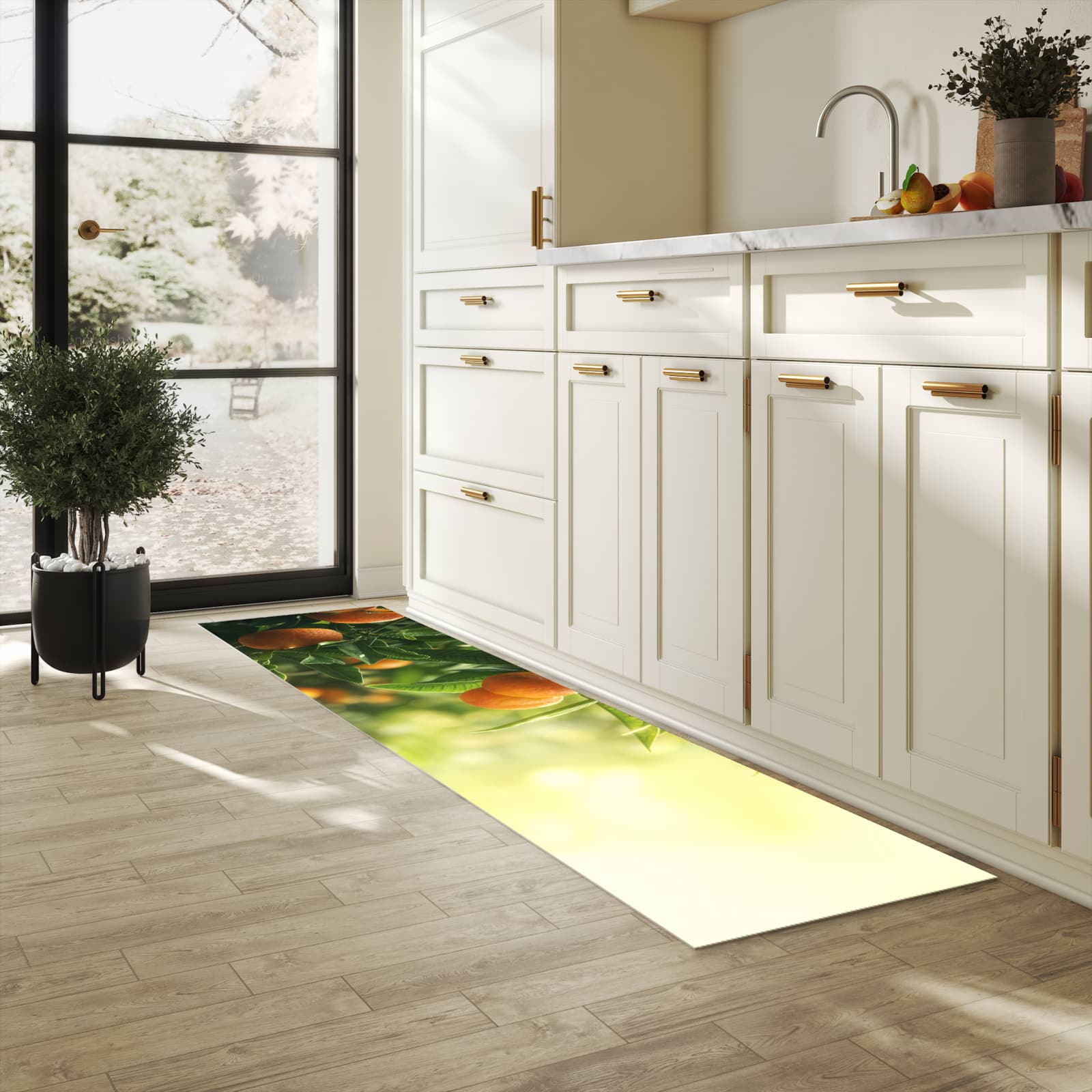 UV-beständiger Küchenteppich mit Motiv Orangenbaum Closeup in heller Küche