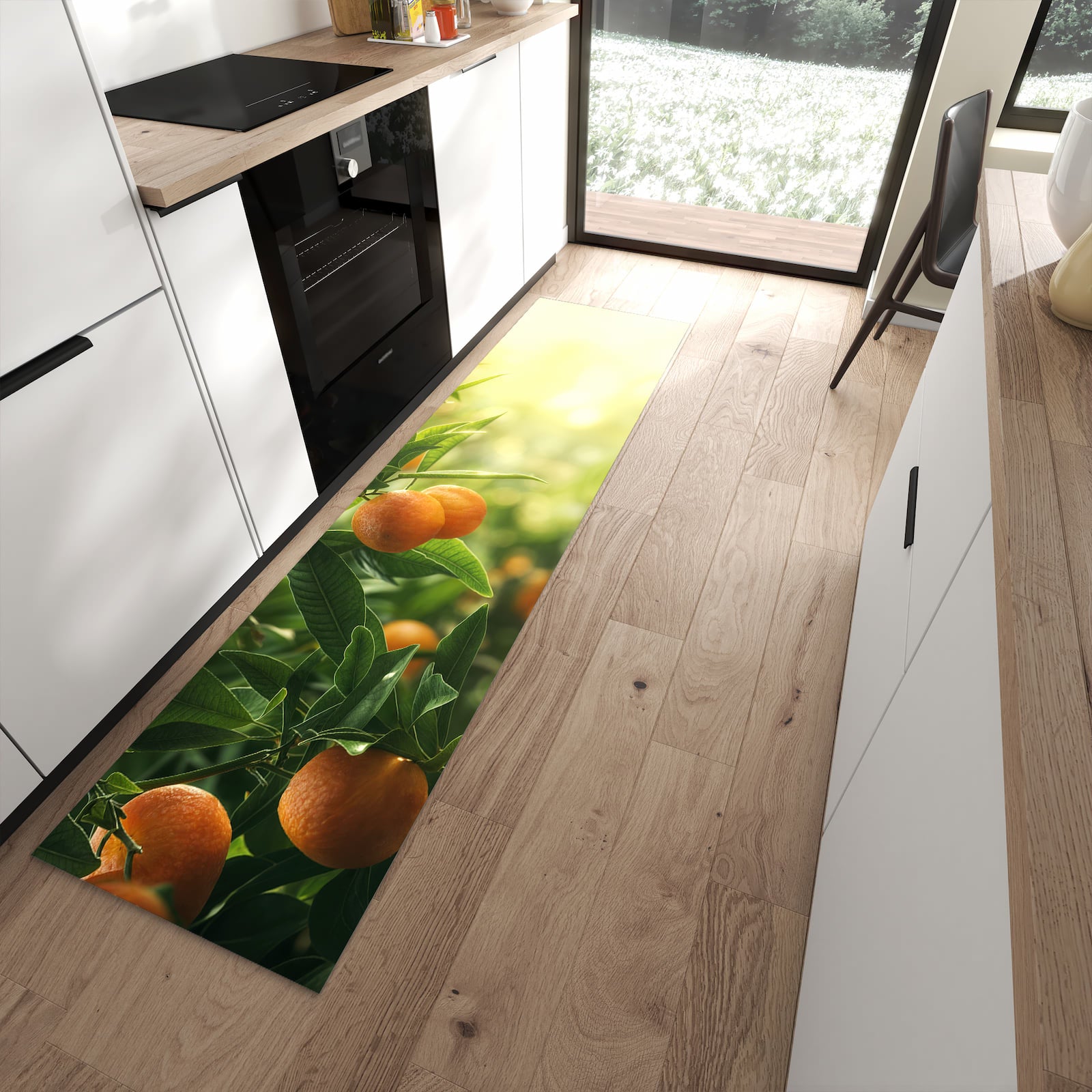 Strapazierfähiger Küchenläufer mit Motiv Orangenbaum Closeup in moderner Küche