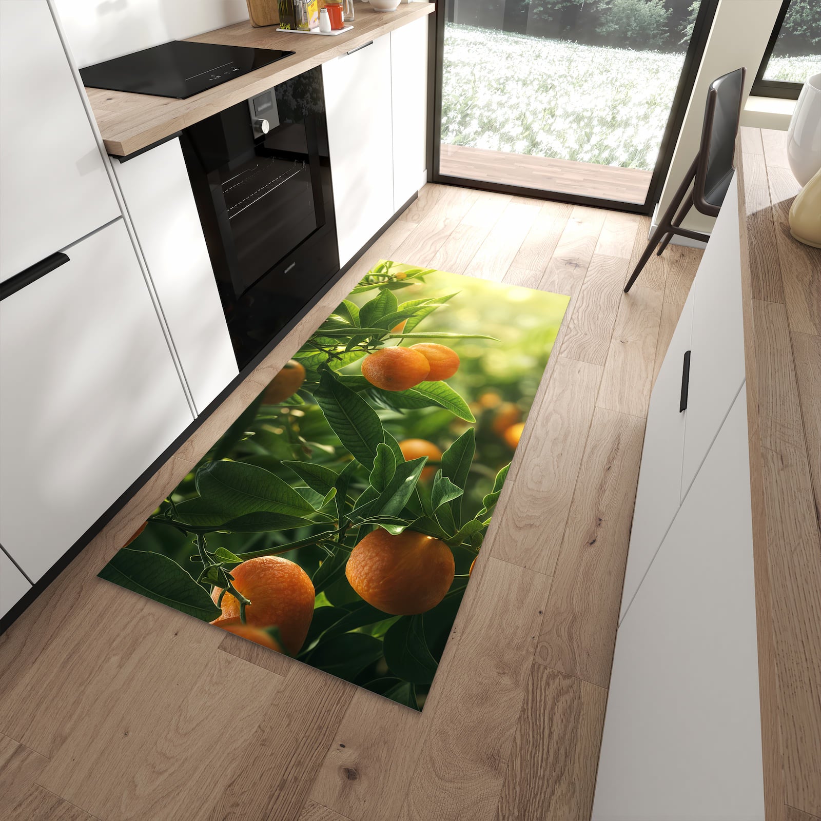 Farbbeständiger waschbarer Küchenläufer mit Motiv Orangenbaum Closeup in moderner Küche