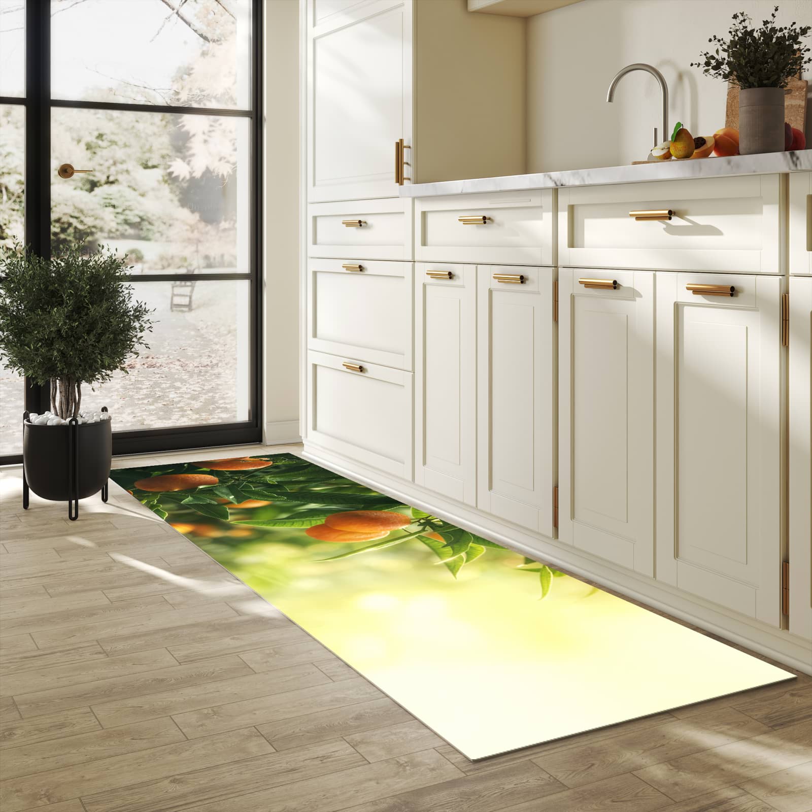 Geruchsneutraler rutschfester Küchenläufer mit Motiv Orangenbaum Closeup in heller Küche