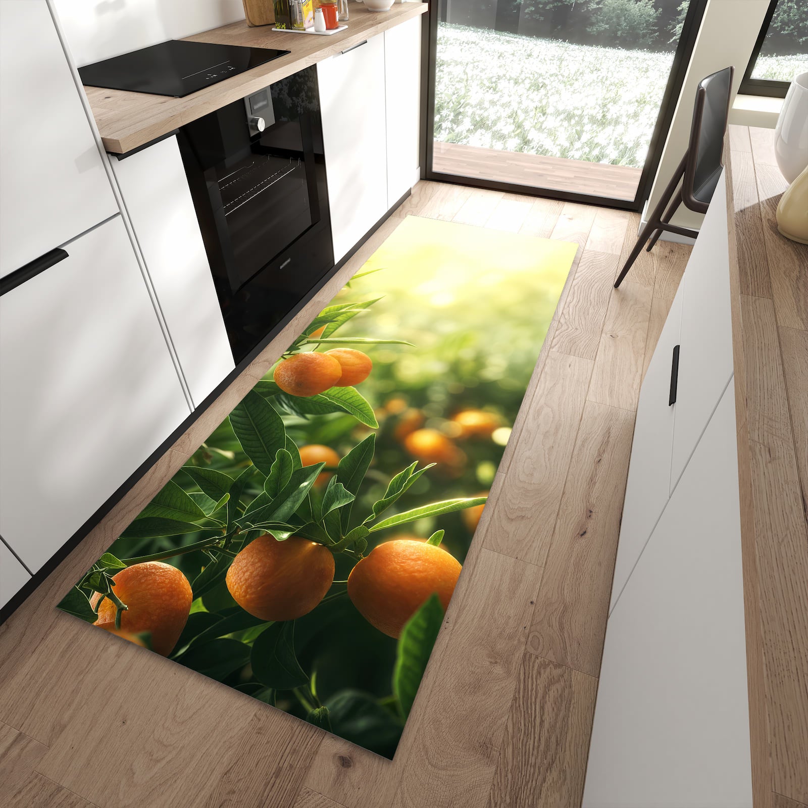 Formstabiler langer Teppich mit Motiv Orangenbaum Closeup in moderner Küche