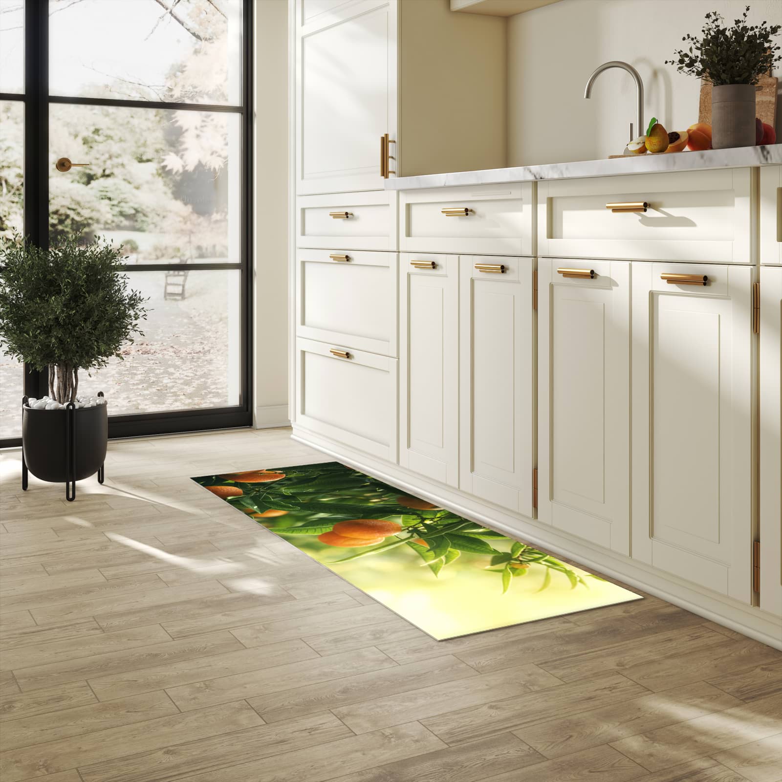 Geräuschdämpfender waschbarer Küchenteppich mit Motiv Orangenbaum Closeup in heller Küche