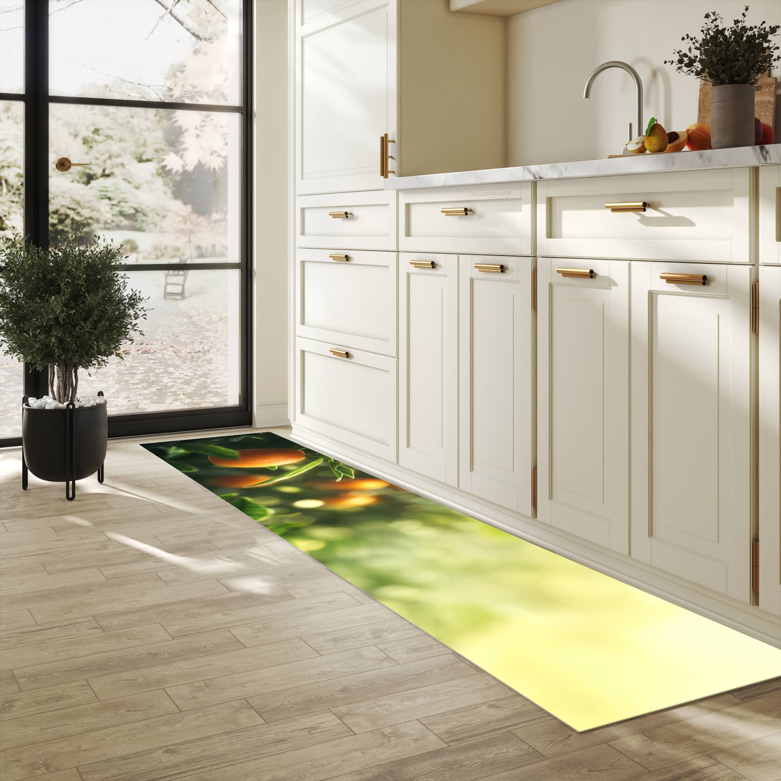 Waschbarer Küchenteppich mit Motiv Orangenbaum Closeup für Trittkomfort in heller Küche