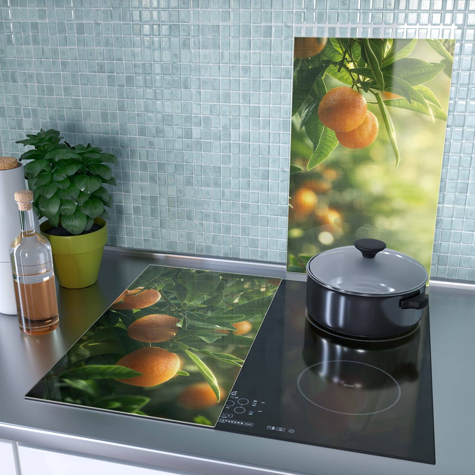 2-teilige Abdeckplatte für Ceranfeld mit Orangenbaum Closeup-Motiv als Spritzschutz hinter dem Kochfeld
