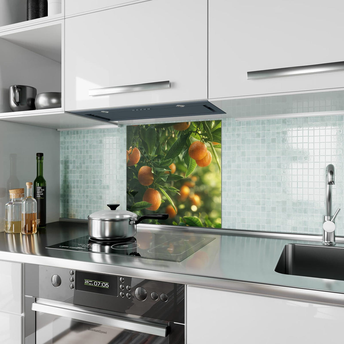 Küchenrückwand aus Glas Reife Orangen am Zweig im quadratischen Format als Spritzschutz hinter dem Kochfeld, über dem Fliesenspiegel montiert
