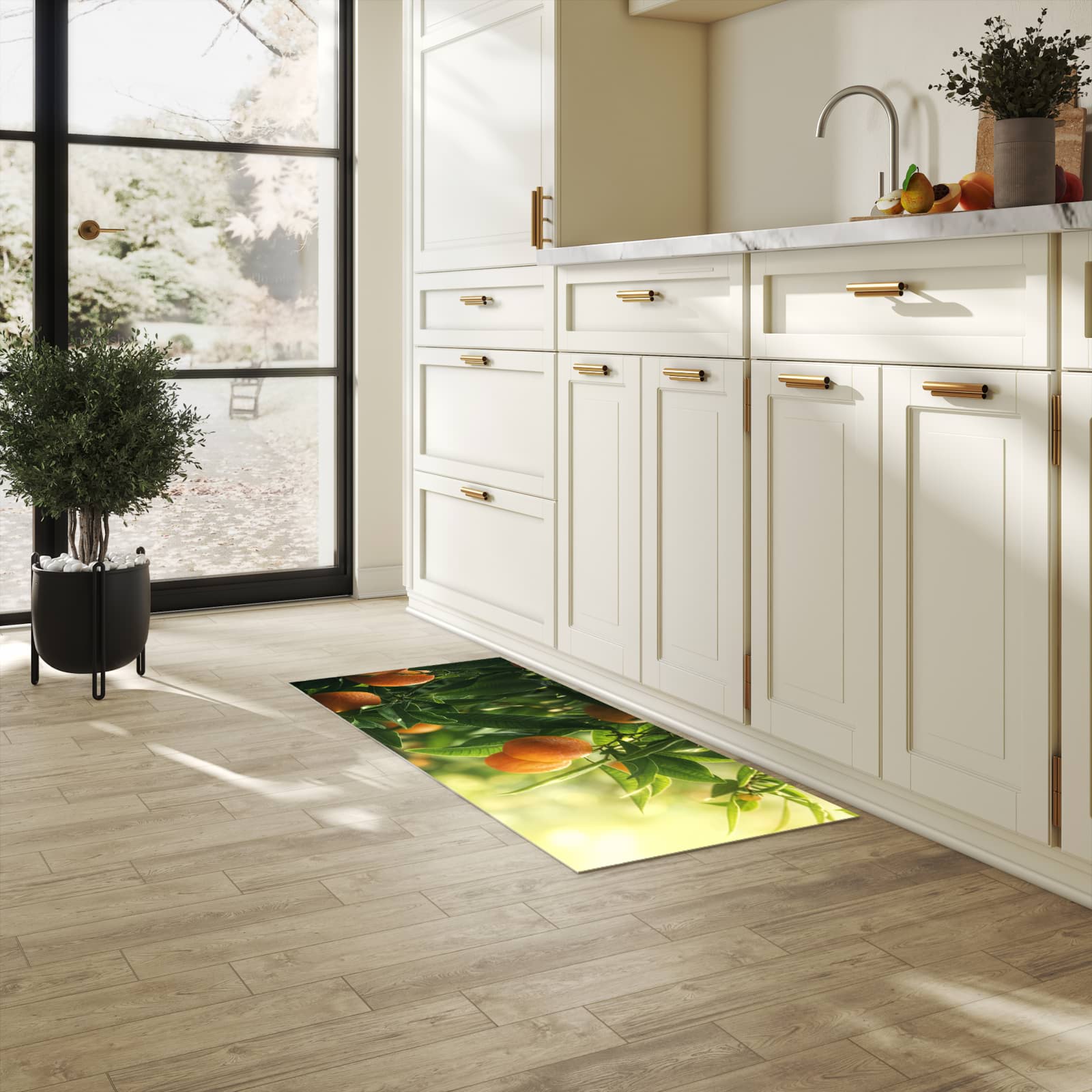 Zeitsparender Küchenteppich mit Motiv Orangenbaum Closeup in heller Küche - leicht waschbar
