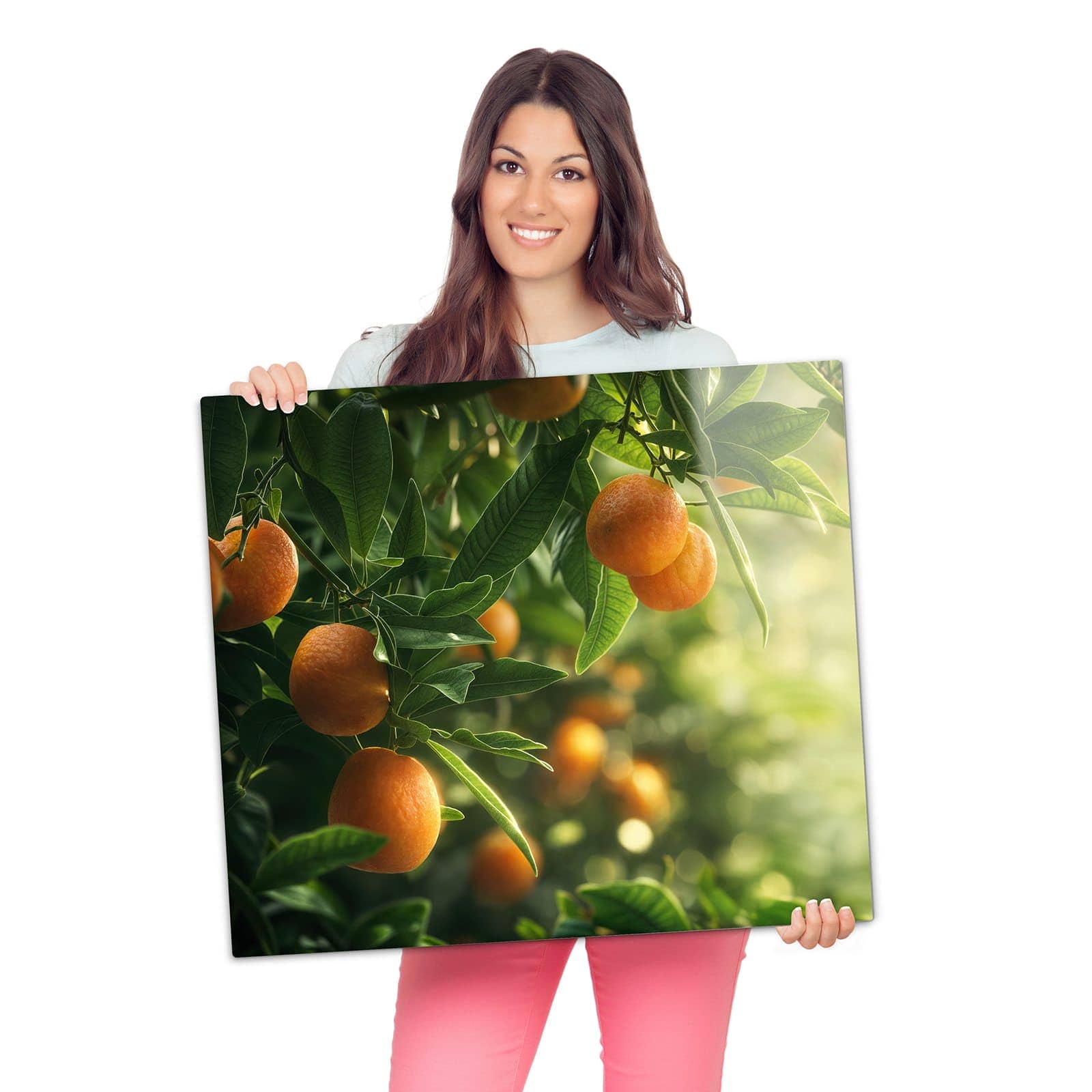 Herdabdeckplatte Induktion mit Orangenbaum Closeup-Motiv wird zur Größendarstellung gehalten