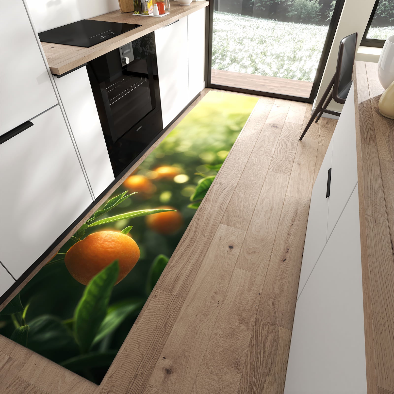 Langlebiger Küchenvorleger mit Motiv Orangenbaum Closeup in moderner Küche