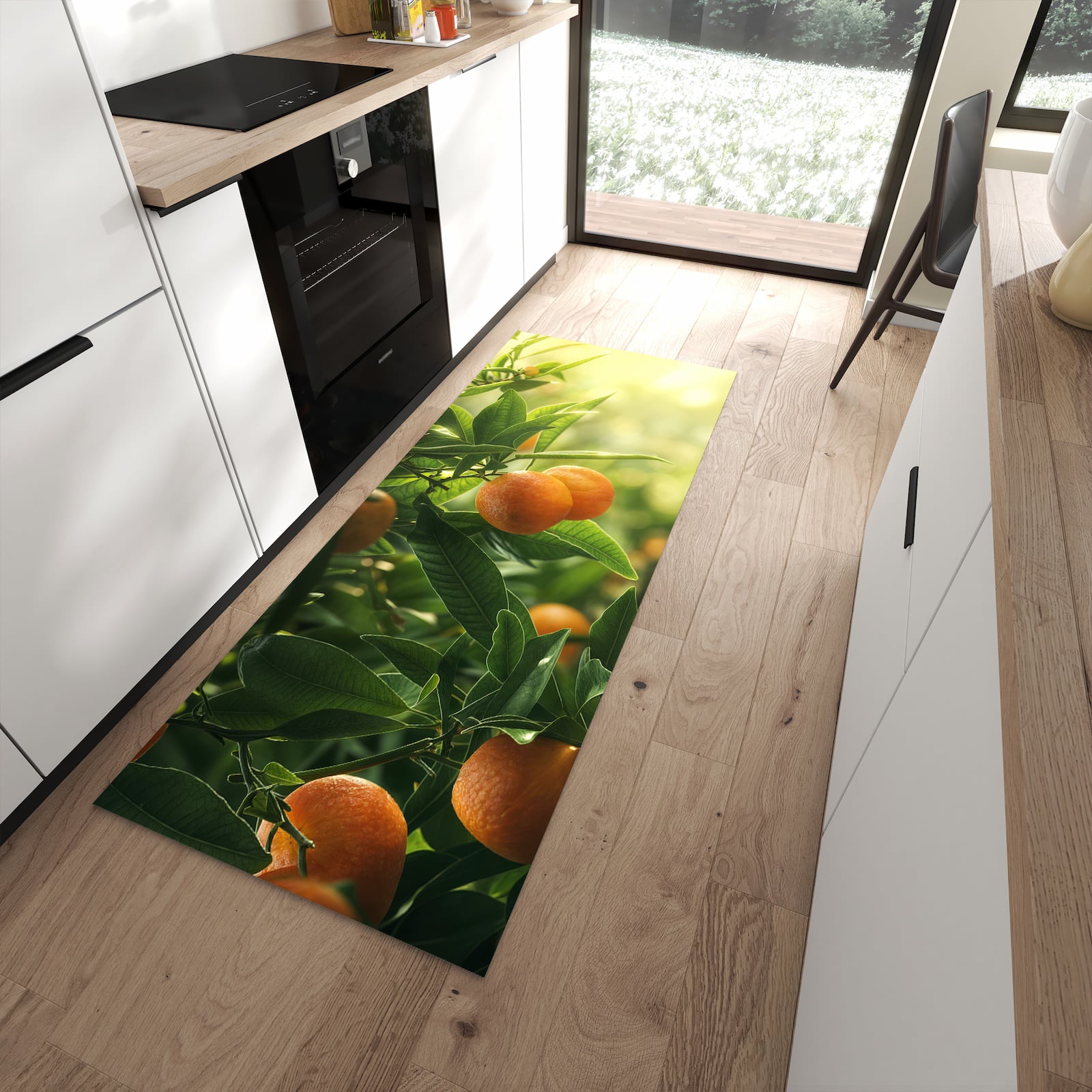 Feuchtigkeitsresistenter Küchenläufer mit Motiv Orangenbaum Closeup in moderner Küche