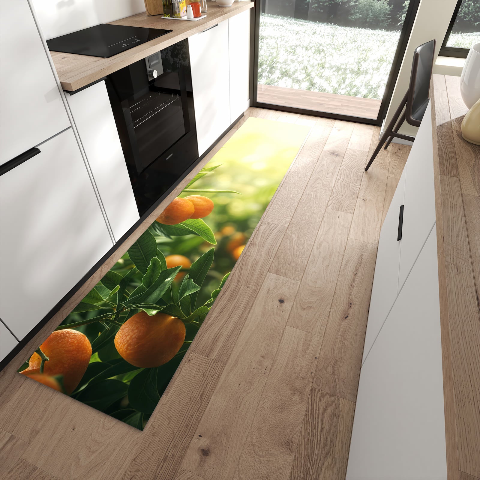 Waschbarer Küchenteppich mit Motiv Orangenbaum Closeup in moderner Küche