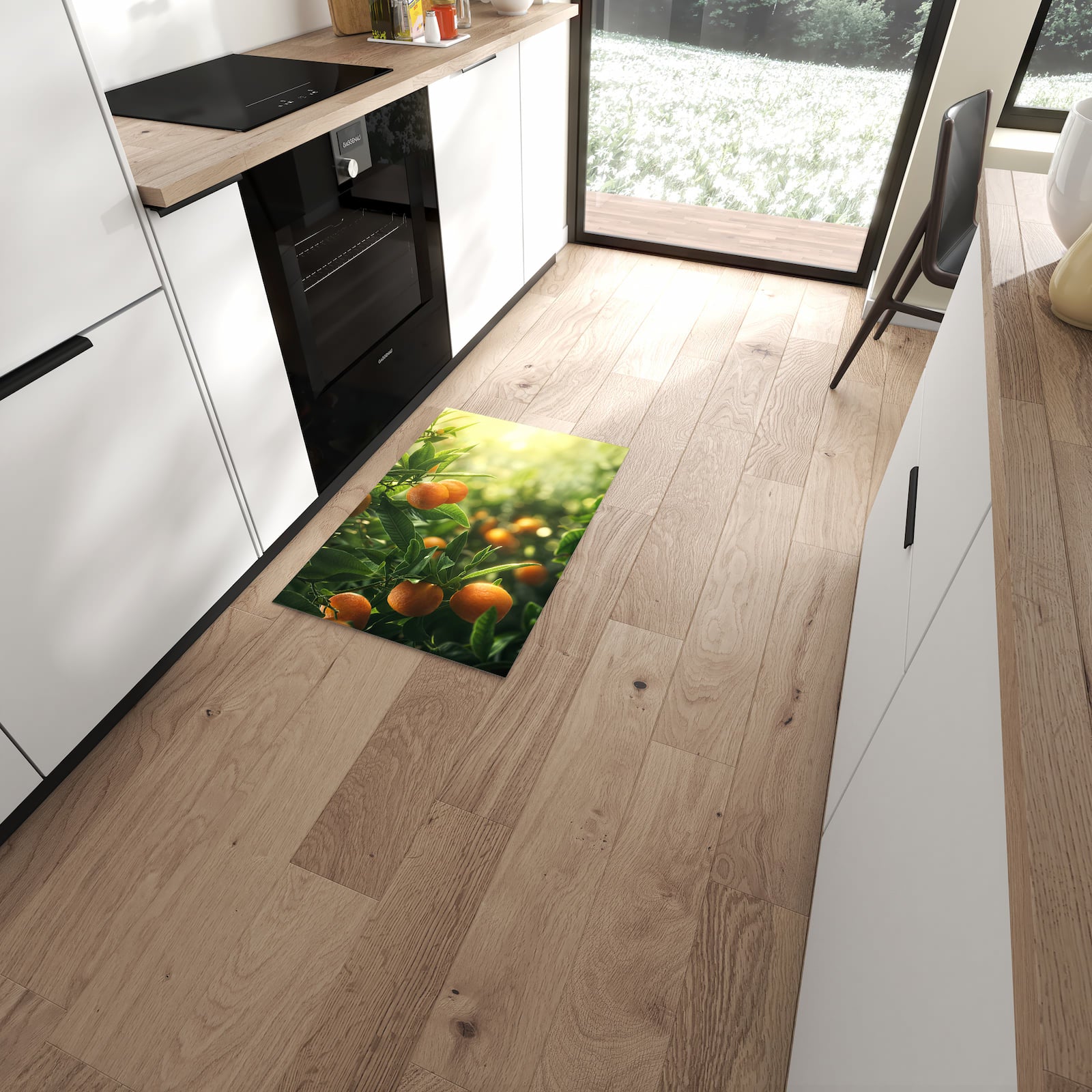 Rutschfester waschbarer Küchenteppich mit Motiv Orangenbaum Closeup in moderner Küche