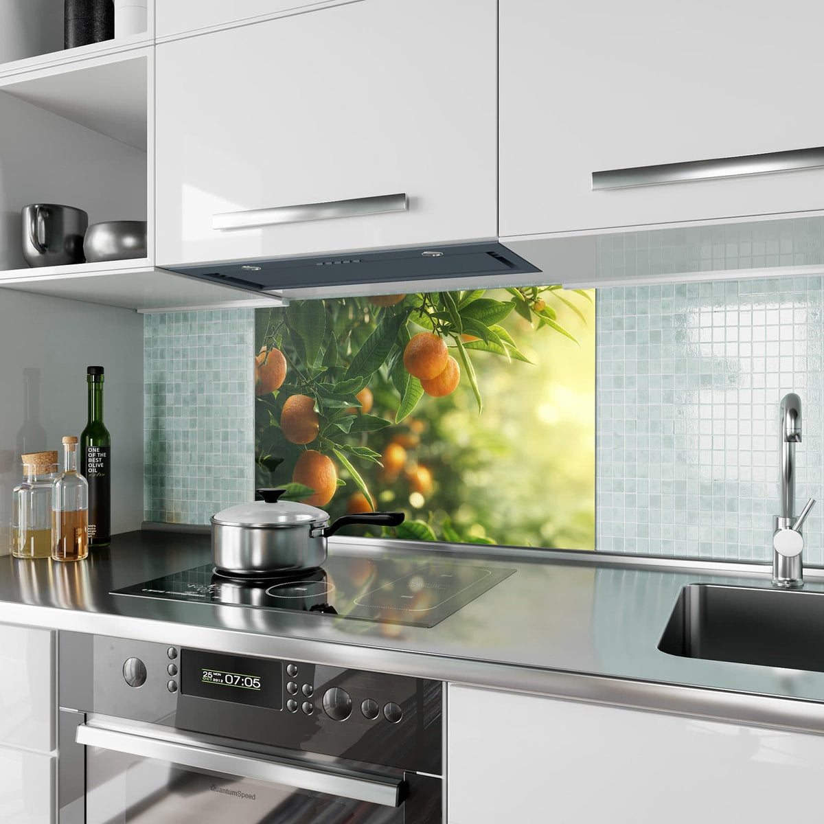 Küchenrückwand aus Glas Reife Orangen am Zweig im Hochformat als Spritzschutz hinter dem Kochfeld, über dem Fliesenspiegel montiert