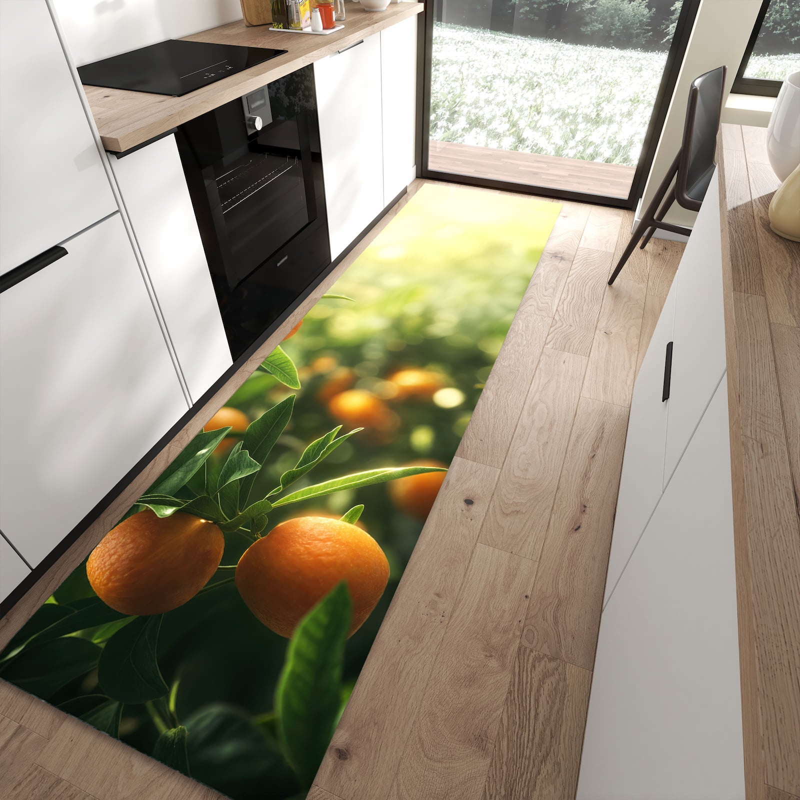 Bodenschonender waschbarer Küchenläufer mit Motiv Orangenbaum Closeup in moderner Küche