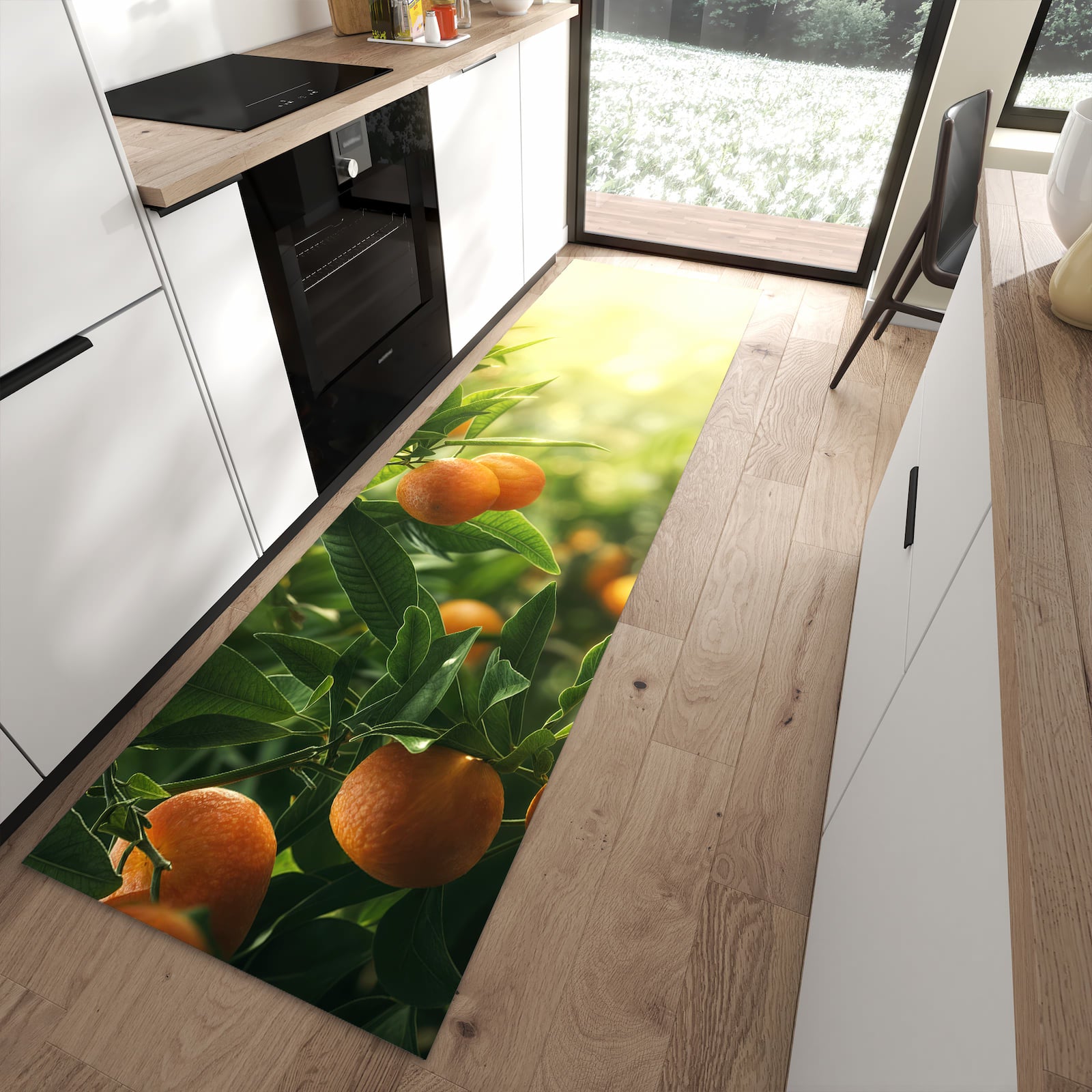 Ordnungsschaffender Teppichläufer mit Motiv Orangenbaum Closeup in moderner Küche