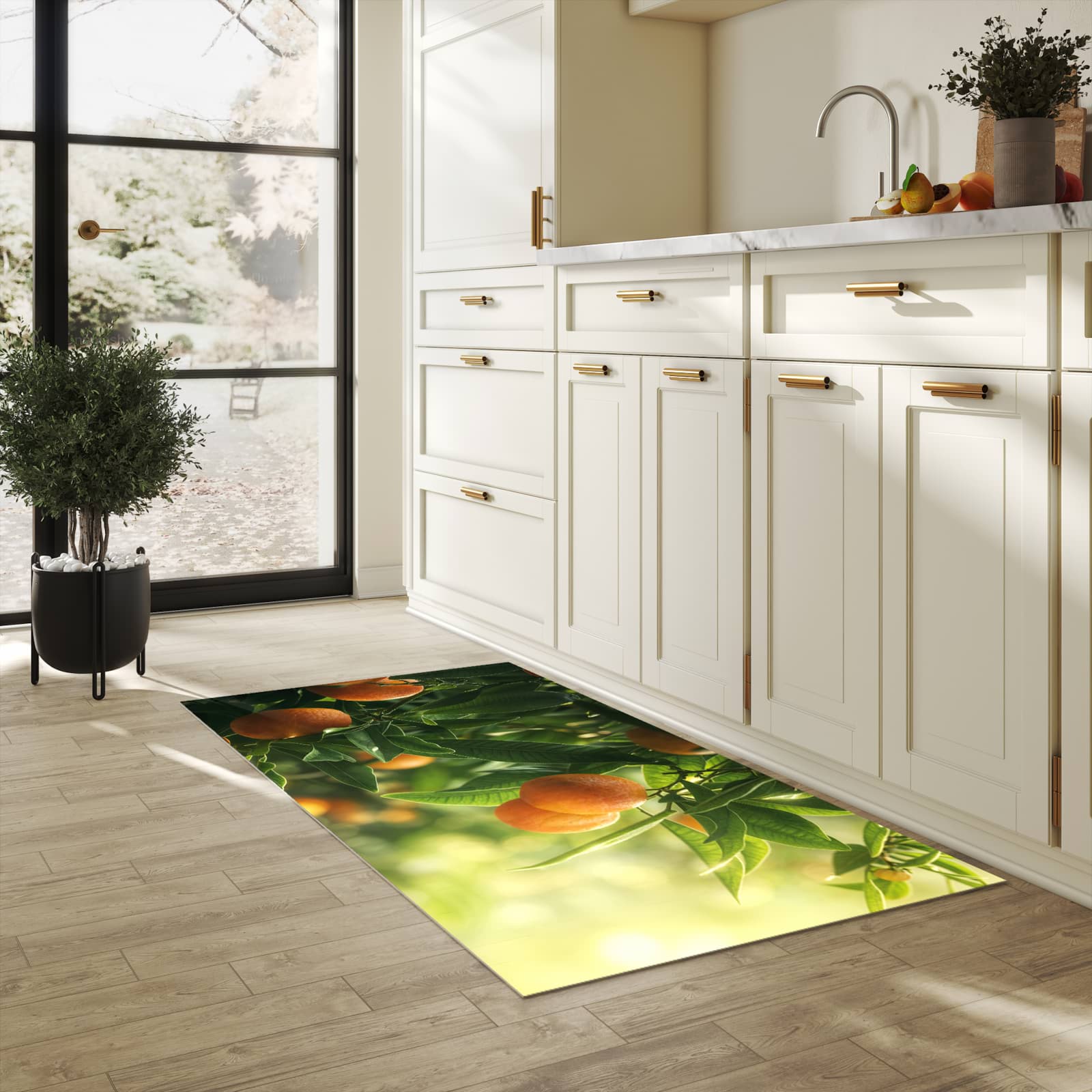 Flacher rutschfester Küchenläufer mit Motiv Orangenbaum Closeup in heller Küche