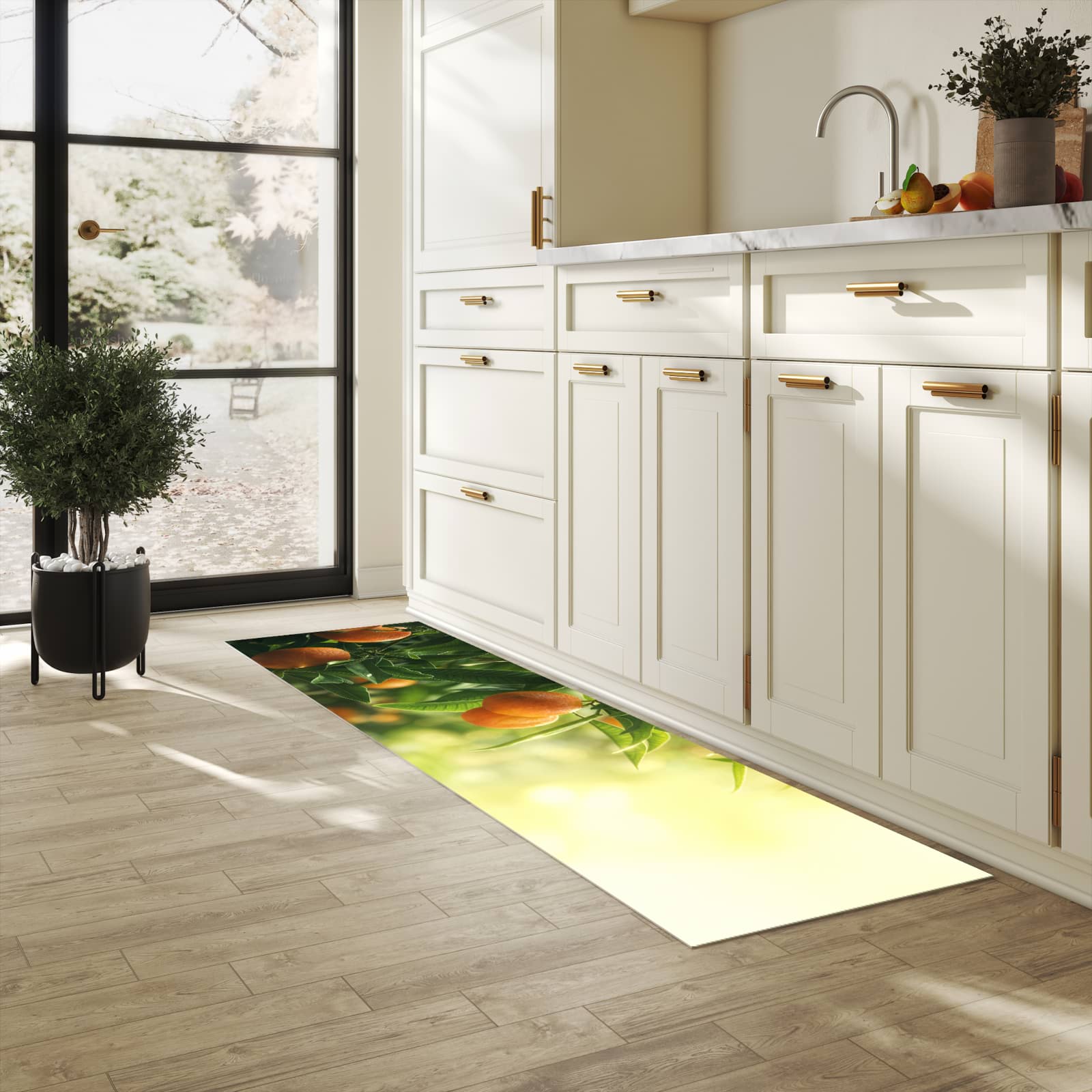 Abriebfester großer Küchenteppich mit Motiv Orangenbaum Closeup in heller Küche