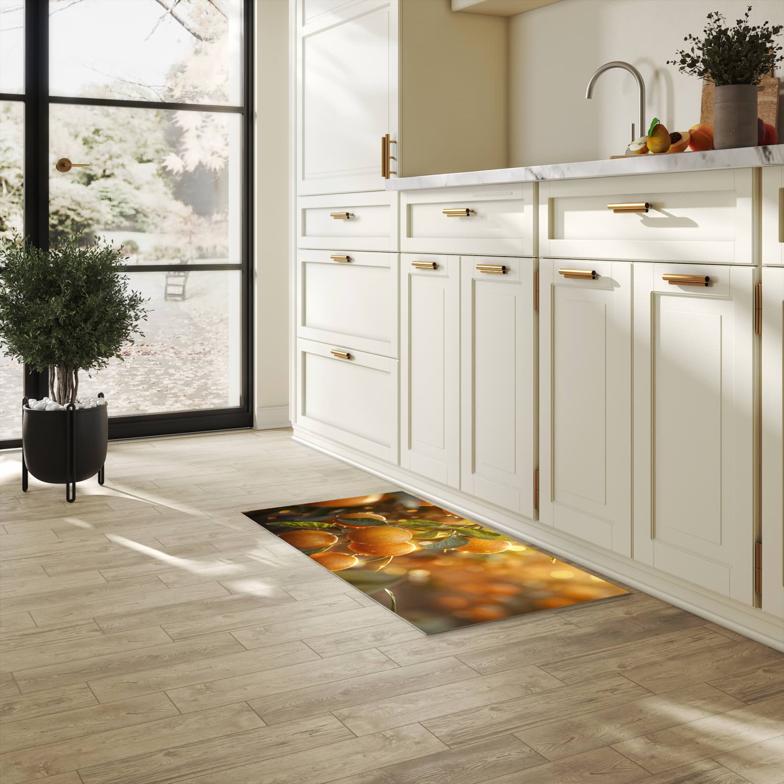 Pflegeleichter Läufer mit Motiv Sonnengeflutete Orangen in heller Küche für einfache Reinigung