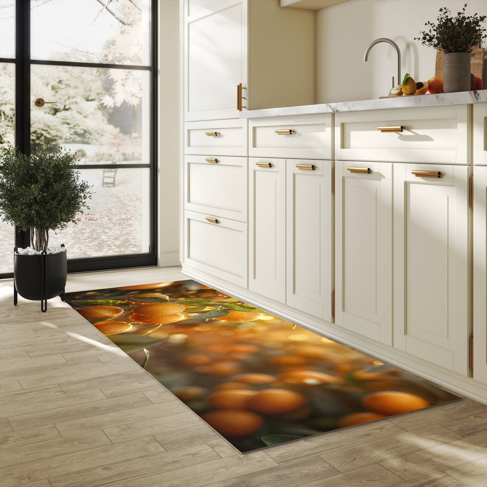 Formstabiler rutschfester Küchenteppich mit Motiv Sonnengeflutete Orangen in heller Küche