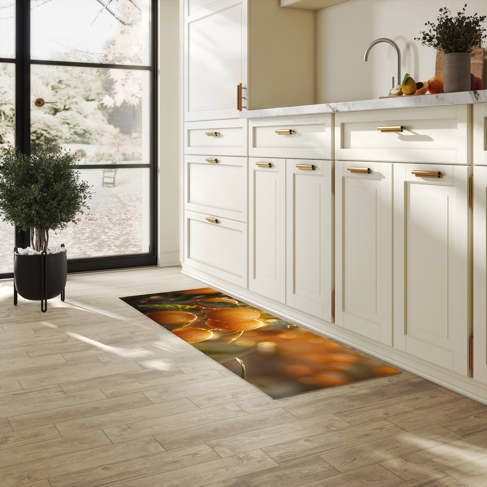 Hygienischer rutschfester Küchenteppich mit Motiv Sonnengeflutete Orangen in heller Küche